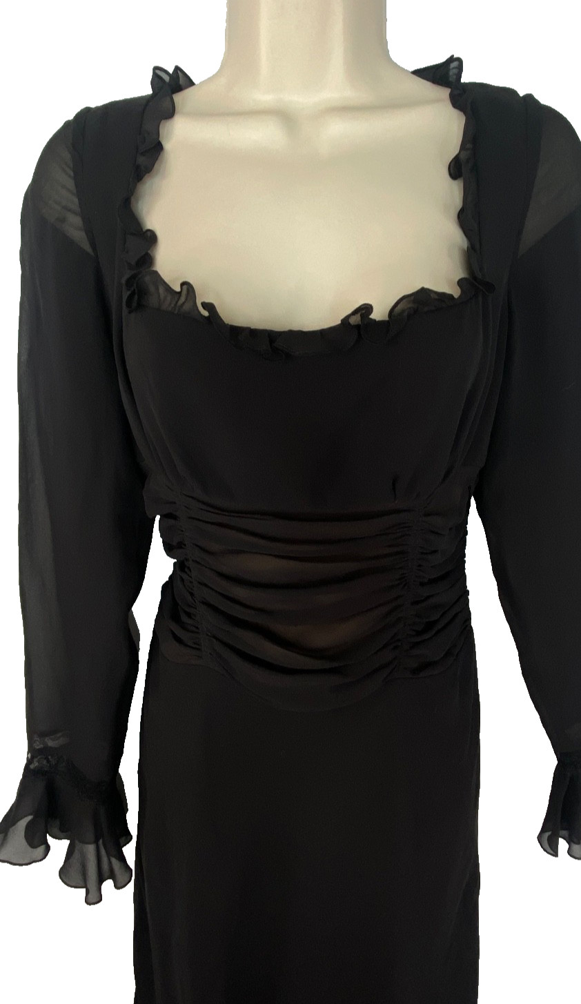 Vintage 1990s black MODA INTL silk dress 8 long flounce sleeve sheer midi ruffle