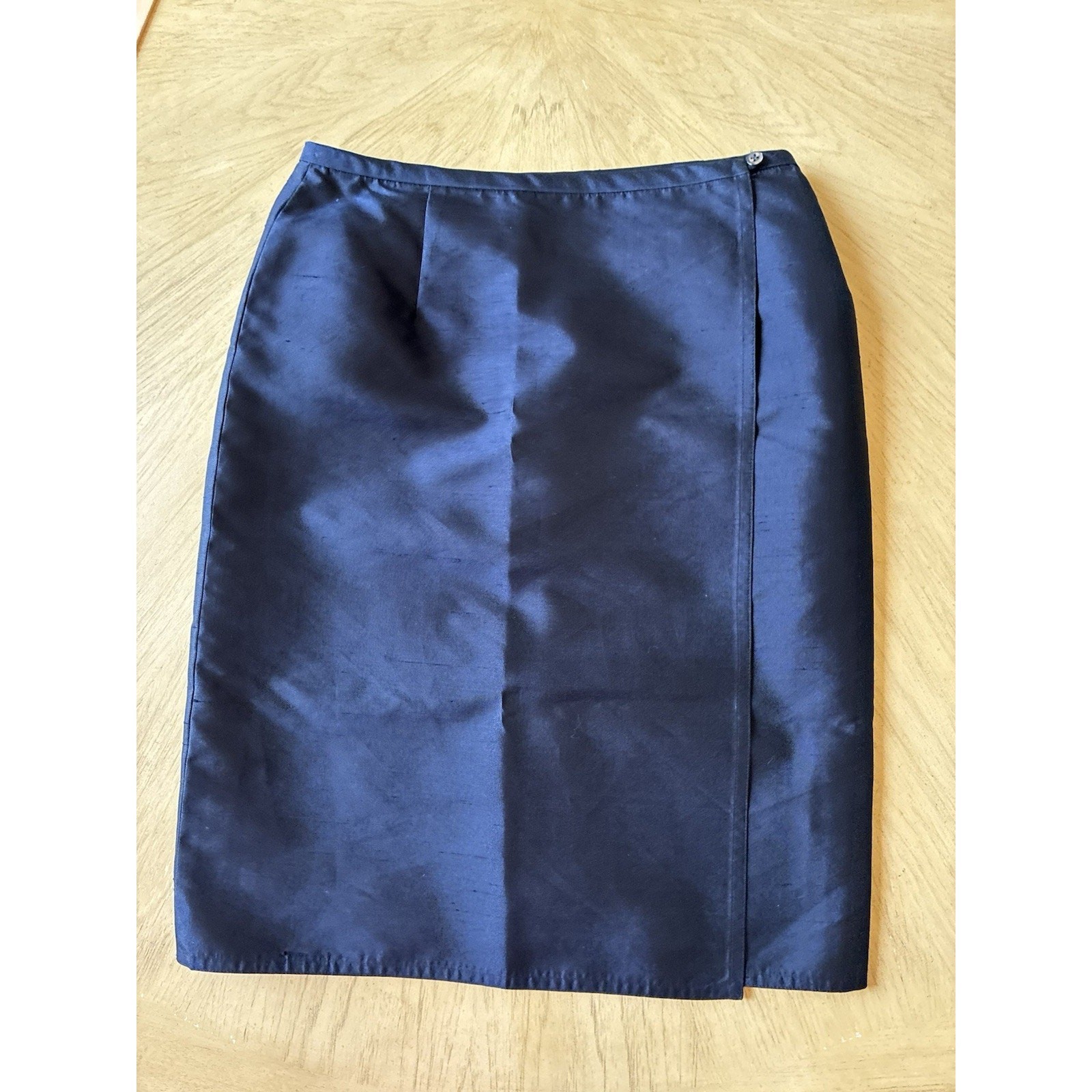 Vtg 90s Ralph Lauren Navy 100% Silk Dupioni Wrap Skirt USA UNITE Slubbed Silk 6