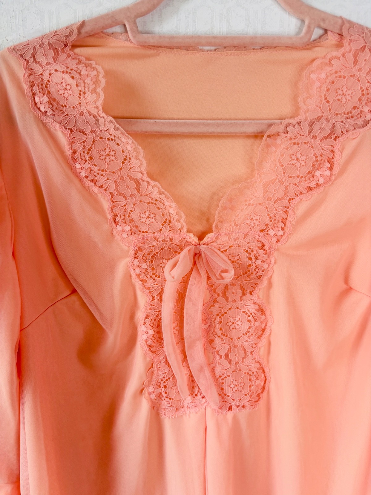 PRETTY!! VTG 60’S PEACH CHIFFON NYLON&LACE NIGHTGOWN JULIETTE TRUMPET SLEEVES*M