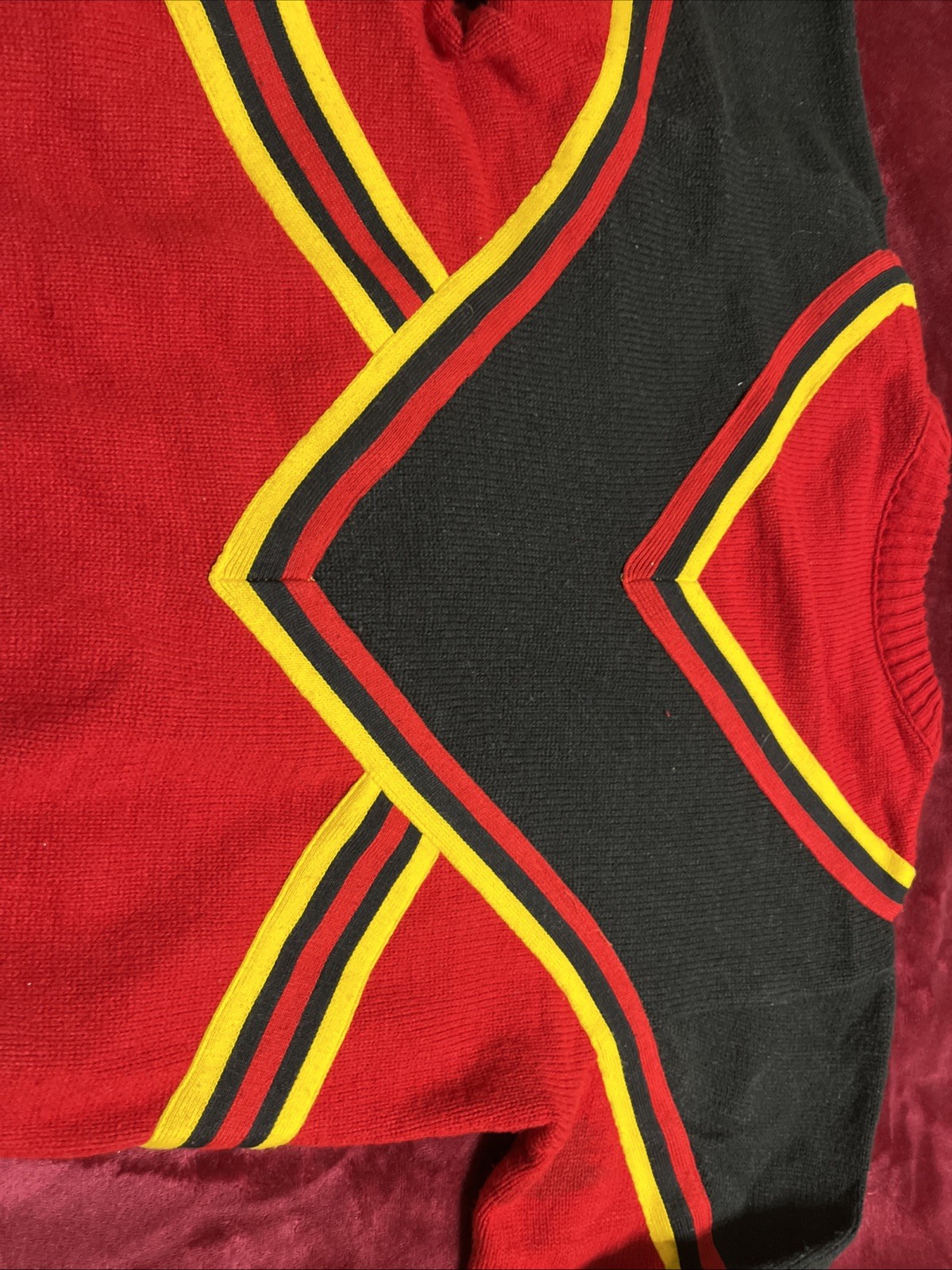 Vintage 80s Cheerleader Knit Sweater Red Black Gold Striped USA Made Medium
