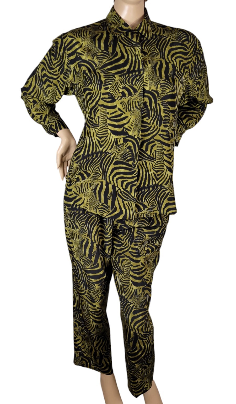 Vintage Ann May 100% Silk Zebra Green & Black Animal Blouse & Pant Suit Set 8