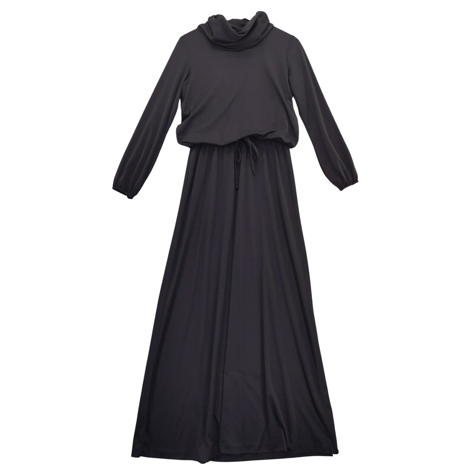 vtg 70’s Black Cowl Neck Long Sleeve Maxi Dress Blouson Polyester Knit fits 8