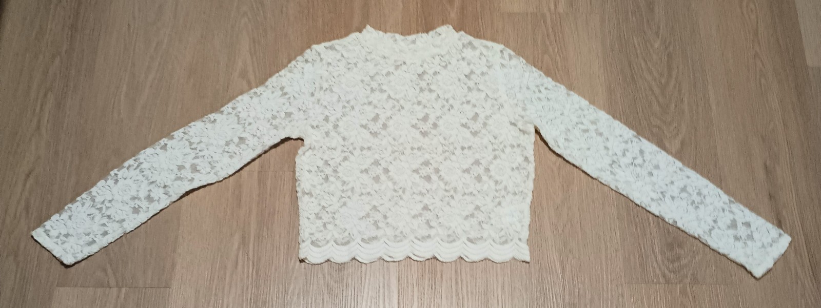 Vtg 90s Stretchy Sheer Crochet Lace Mesh Mock Neck White Cropped Top boho S
