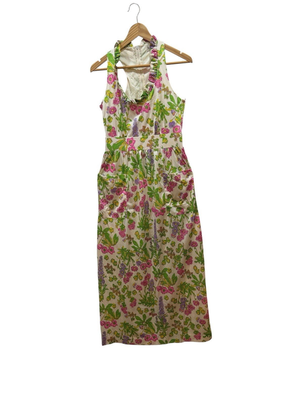 VTG Vassarette Sun Dress Sz 6-8 Nylon USA Ruffled Neck Back Zip 60’s Long