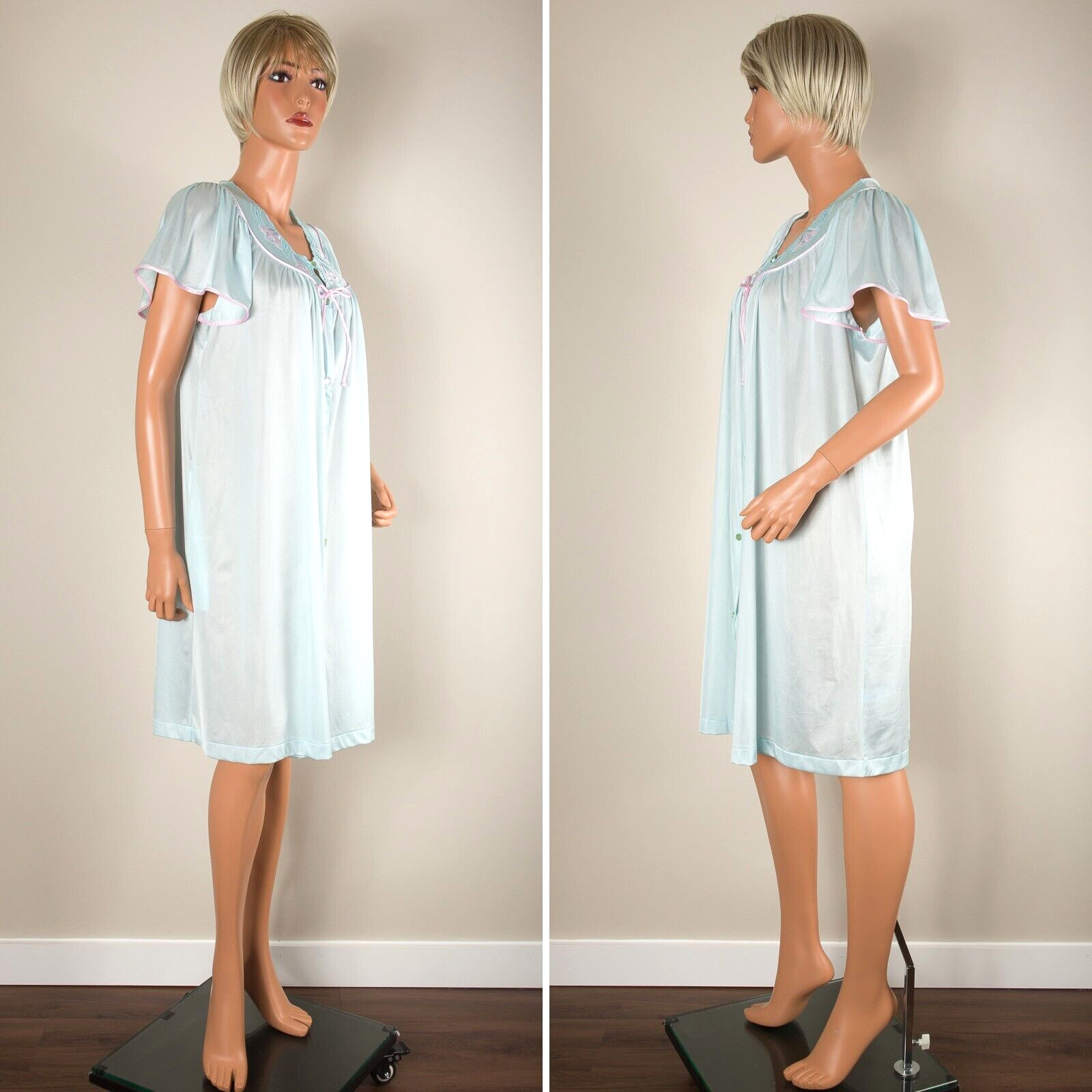 💖 GILEAD Vintage M Seafoam Nylon Robe Button Nightgown Embroidered Short Sleeve