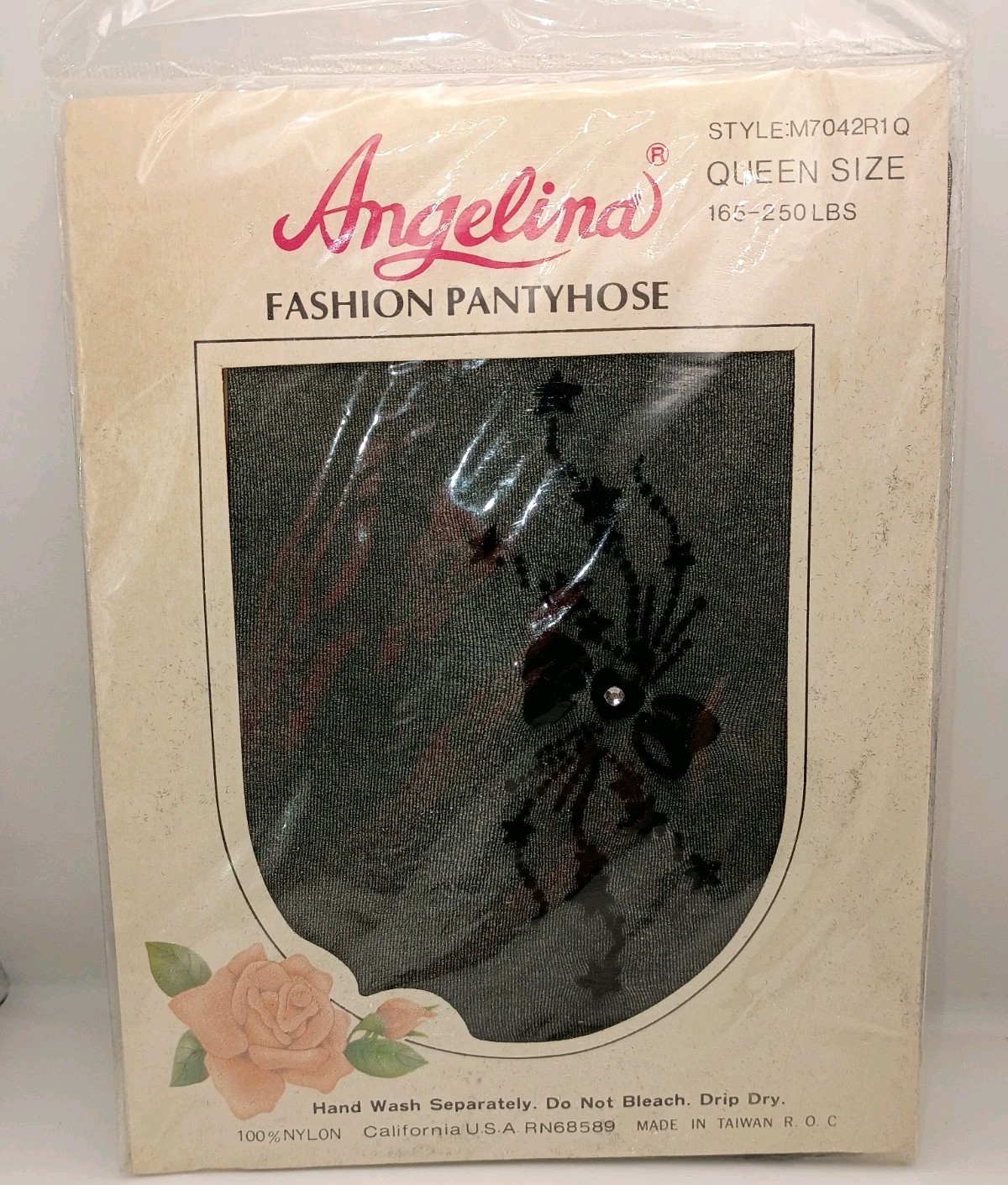 Vtg.80s Angelina Pantyhose Floral,Star,Bow & Rhinestone Black-Sz.Queen NIP