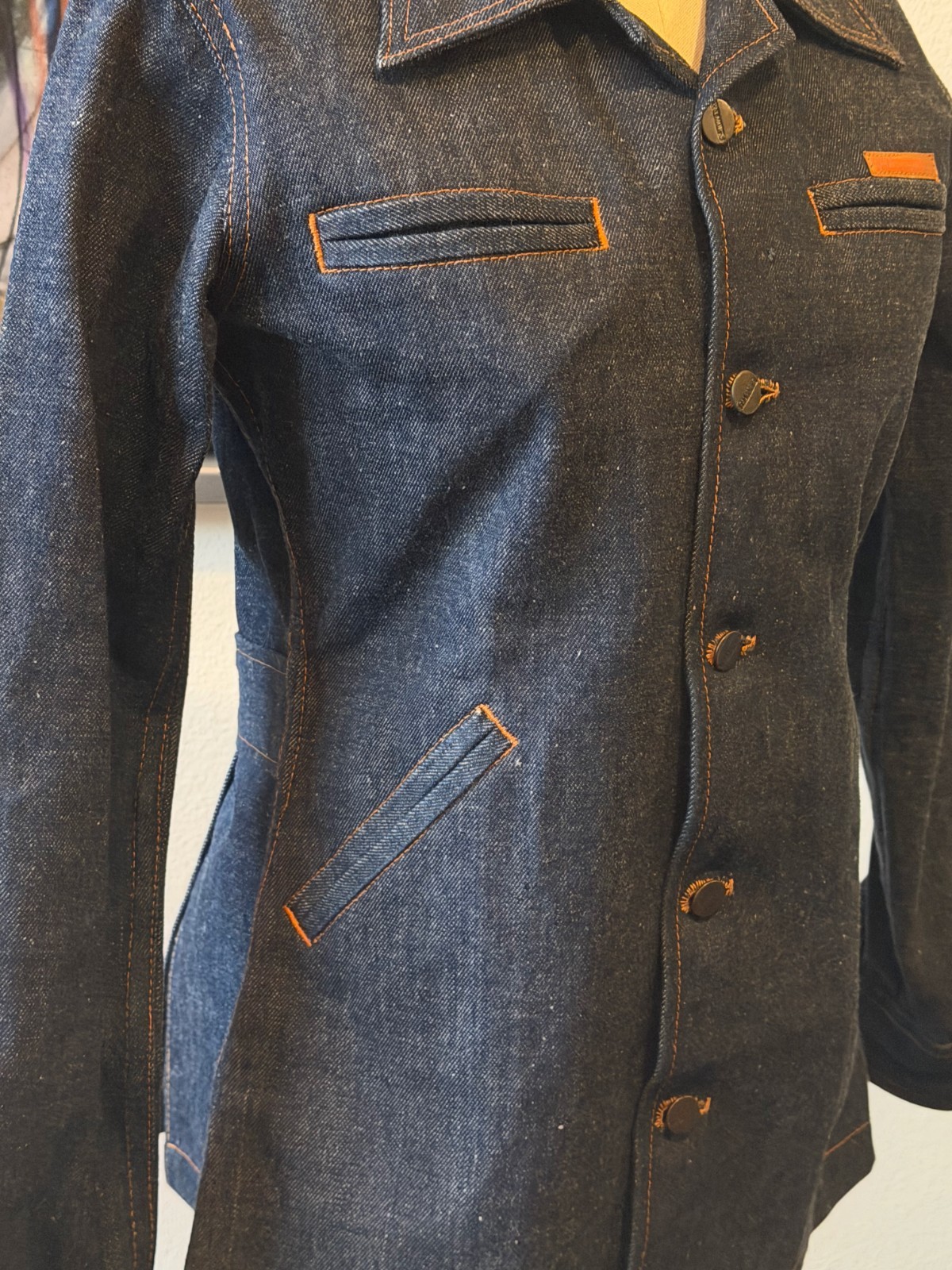 Vintage 70s Palmor’s Denim Jacket Deadstock NWOT Unworn Tunic Orange Stitching