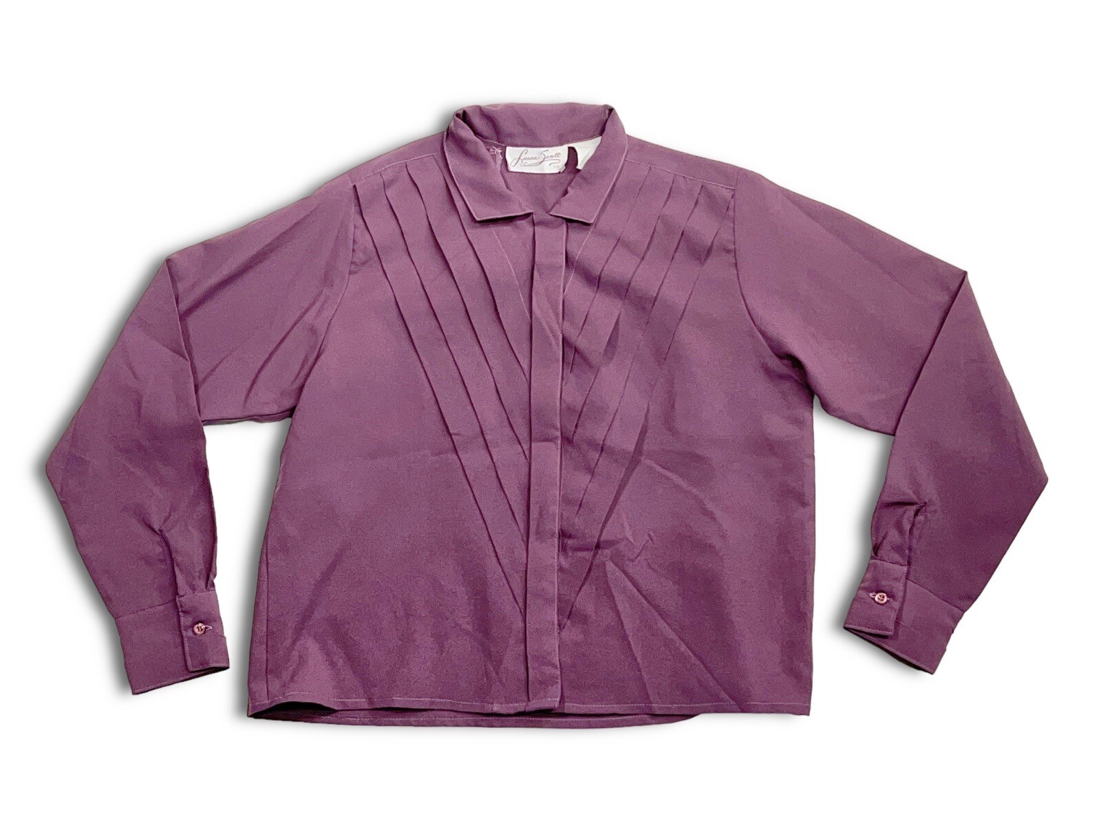 Vintage 80s Plum Purple Pleated Blouse Women’s Small Long Sleeve Button-Up