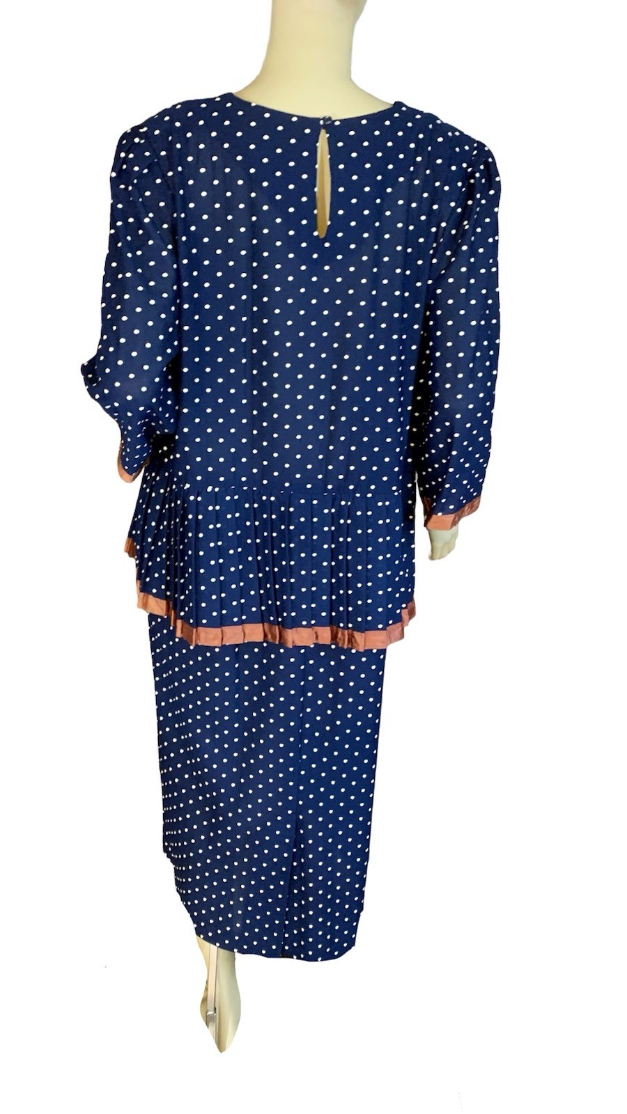 VINTAGE CIRCA 1980’S CARLY CIRCLE BLUE & CREAM POLKADOT PEPLUM DRESS SZ 18