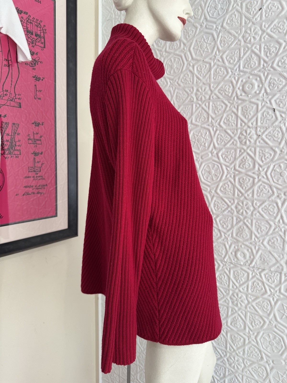 Eileen Fisher red pullover chevron knit sweater dress tunic oversized Small