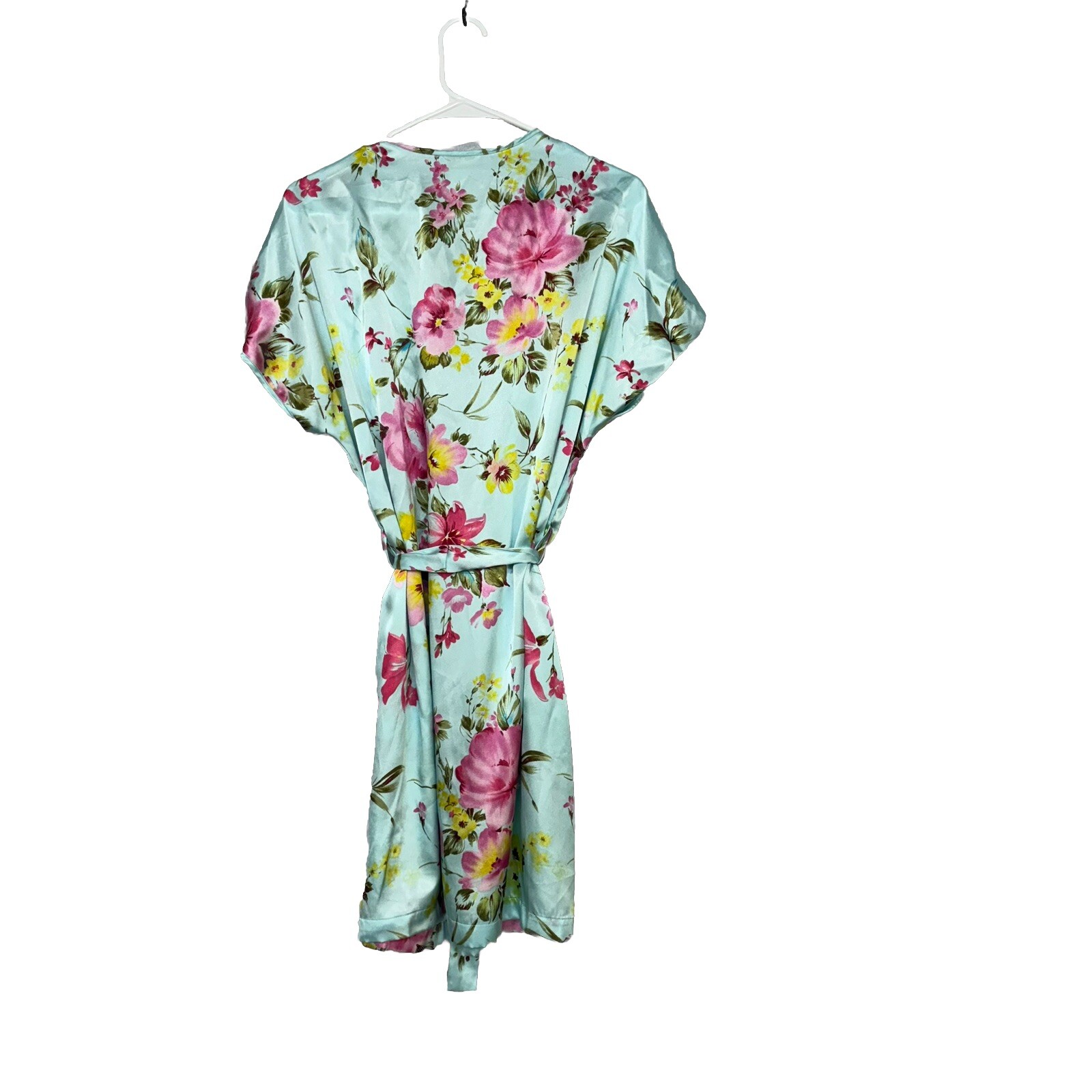 VTG LA Intimates Sz L Robe SS Kimono Wrap Blue Floral Romantic Garden Flowers