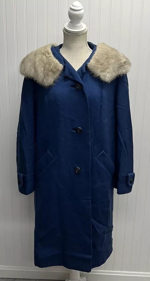 Vintage Rothmoor Royal Blue Wool Fur Trimmed Collar Coat Sz L
