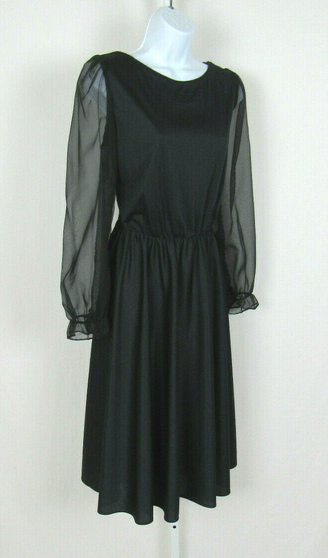 VTG 1960s GEORGE ORIGINALS BLACK DRESS SIZE 12 POLY CHIFFON ARMS RIBBON BELT