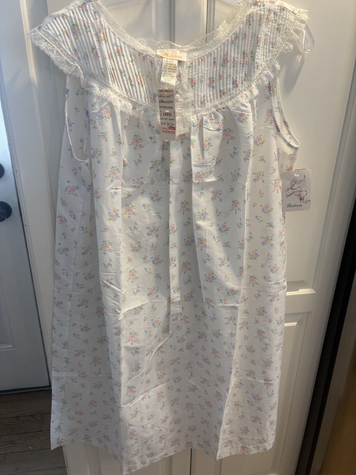 Vtg. Barbizon White Floral Lace Trim Midi Nightgown Cotton Mix NWT Sz L PRETTY!