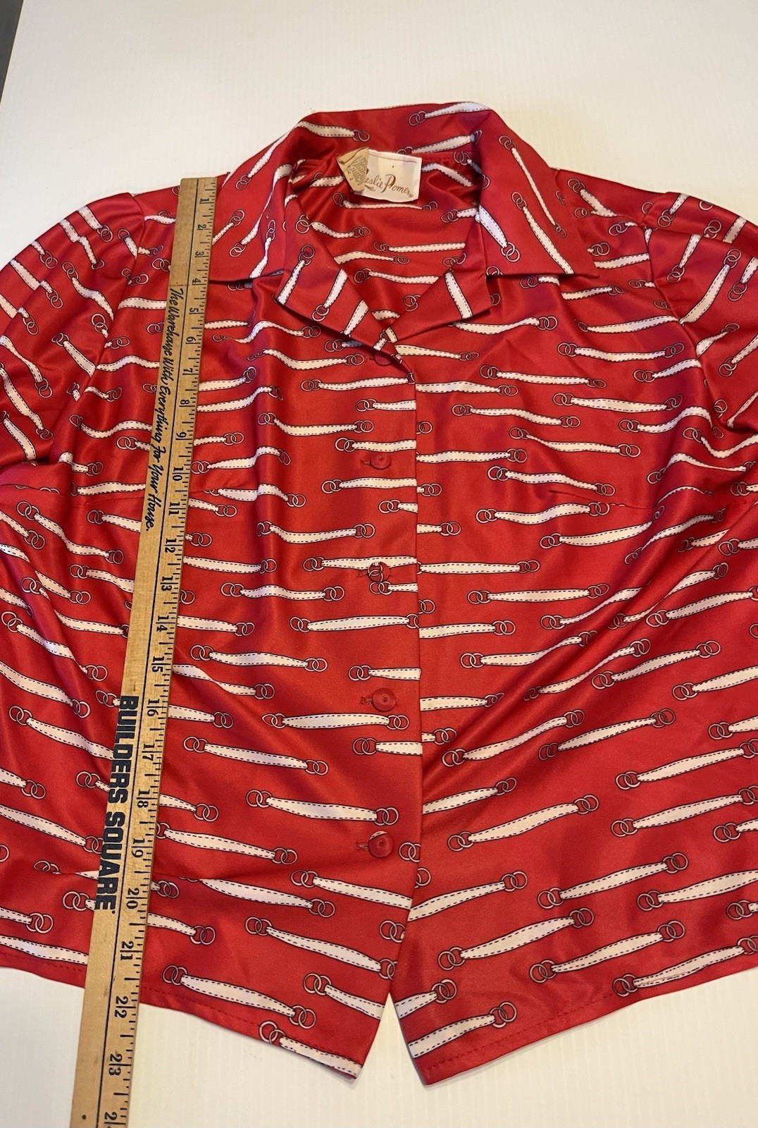 Vintage Leslie Pomer Red Graphic Button Up Blouse Pointed Collar 43 Bust