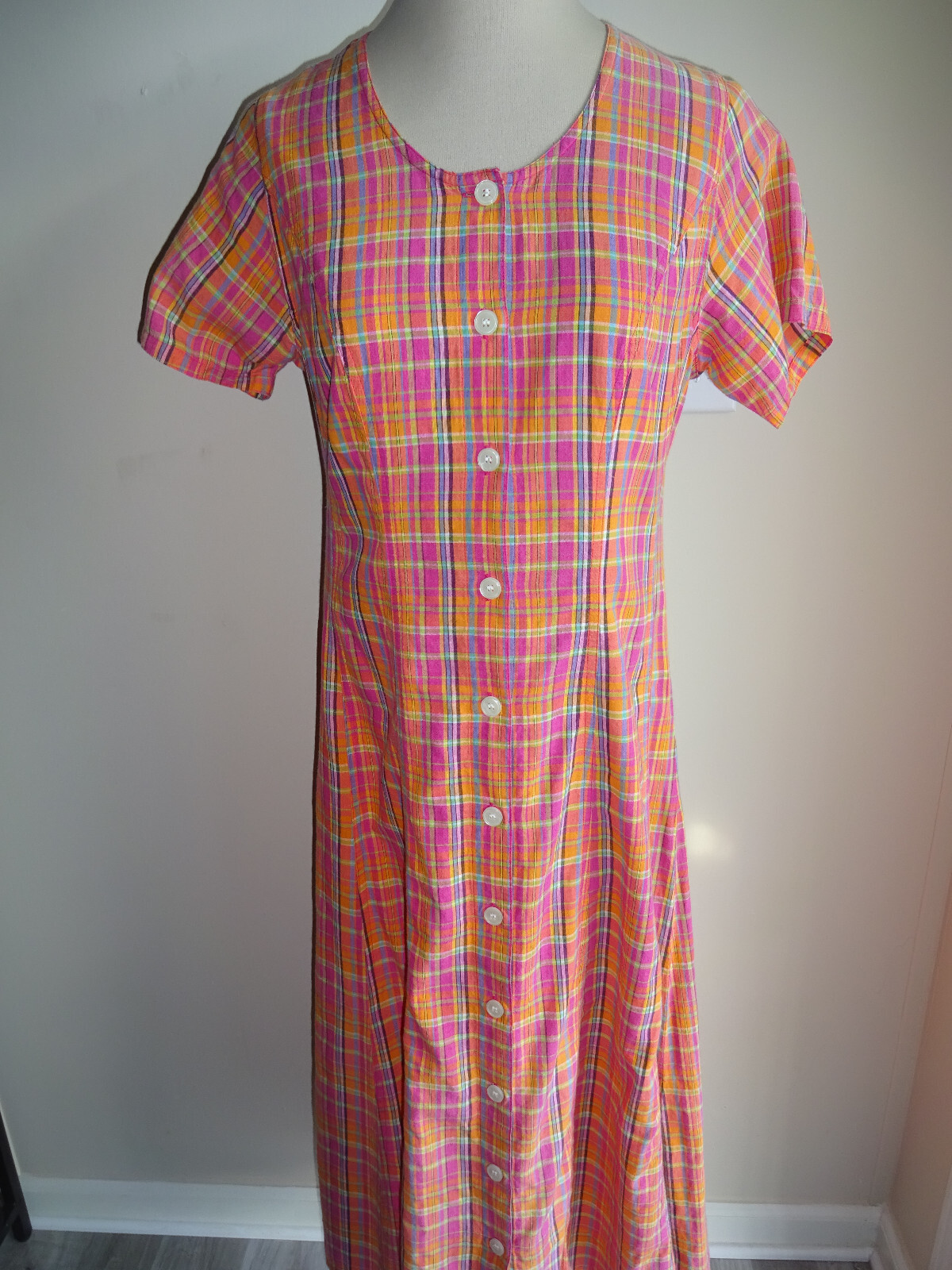 Vintage Womens JG Hook Plaid Tie Back Dress 8 Pink Orange Blue Green