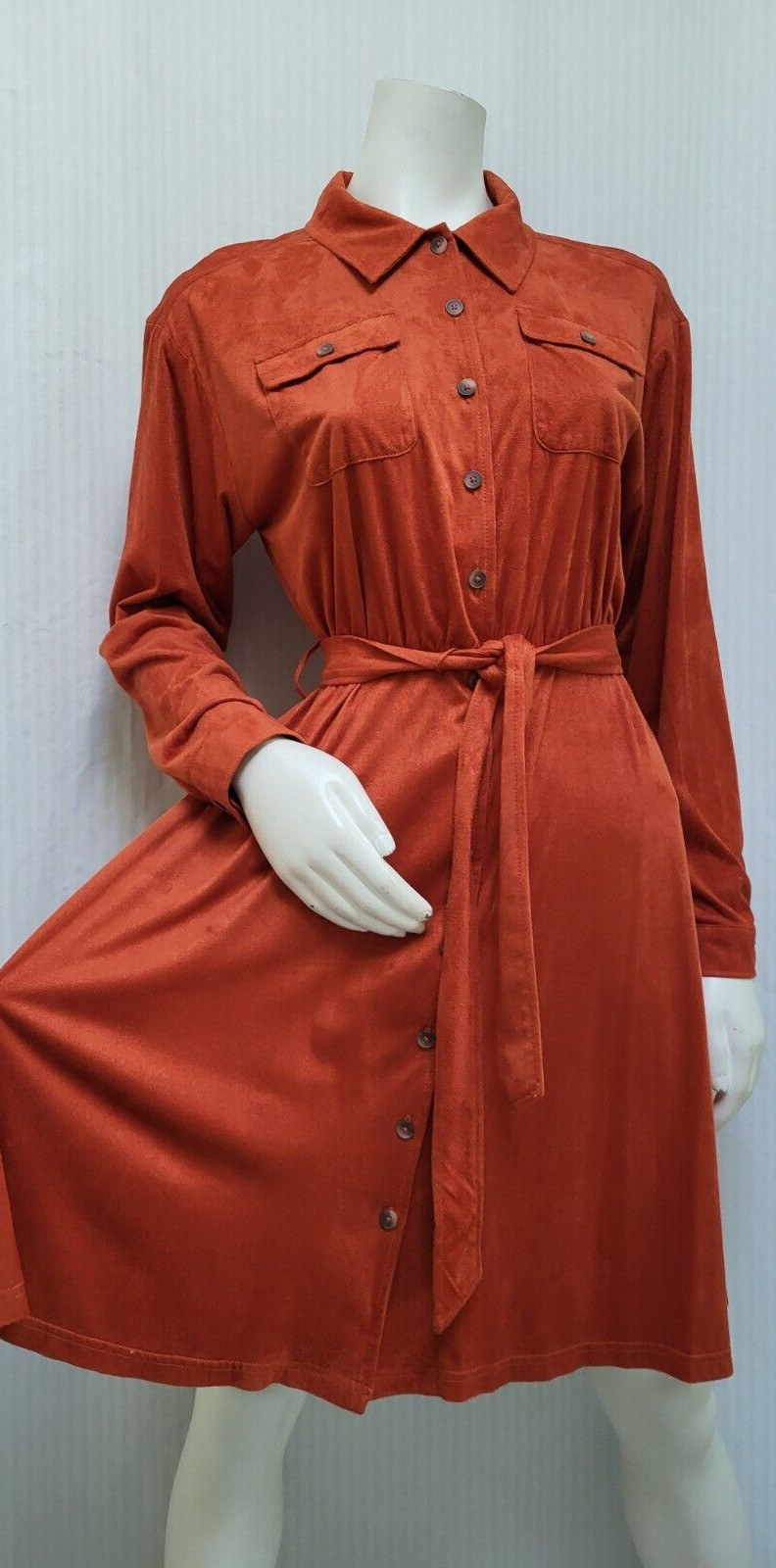 Vintage CALVIN KLEIN Orange Ultrasuede Shirt Dress w/ Tie Belt – Size M