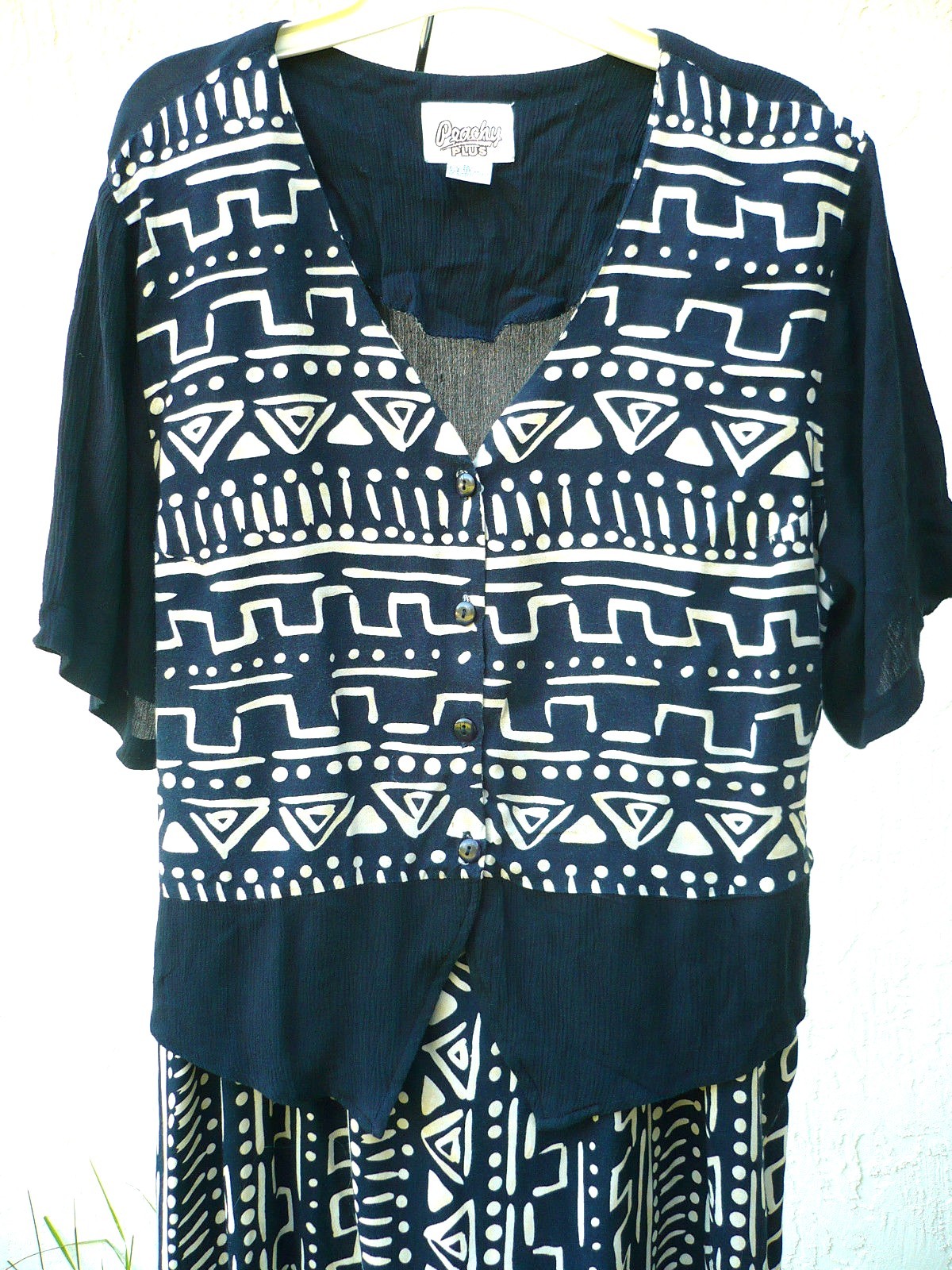 VTG 90S GAUZY RAYON SZ L XL 1X BLACK OFF WHITE ETHNIC GEOMETRIC VEST DRESS WOMEN