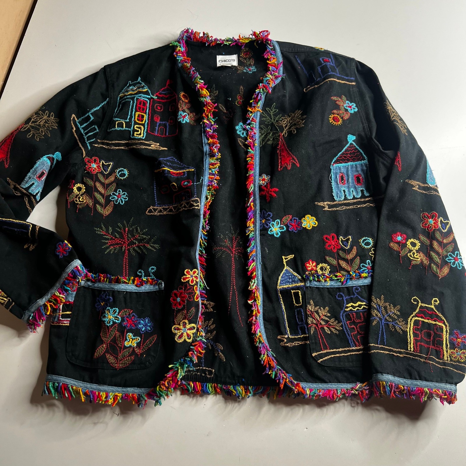 Chicos Design Embroidered Folk Art House Fringe Jacket Black Cotton Size 2 L