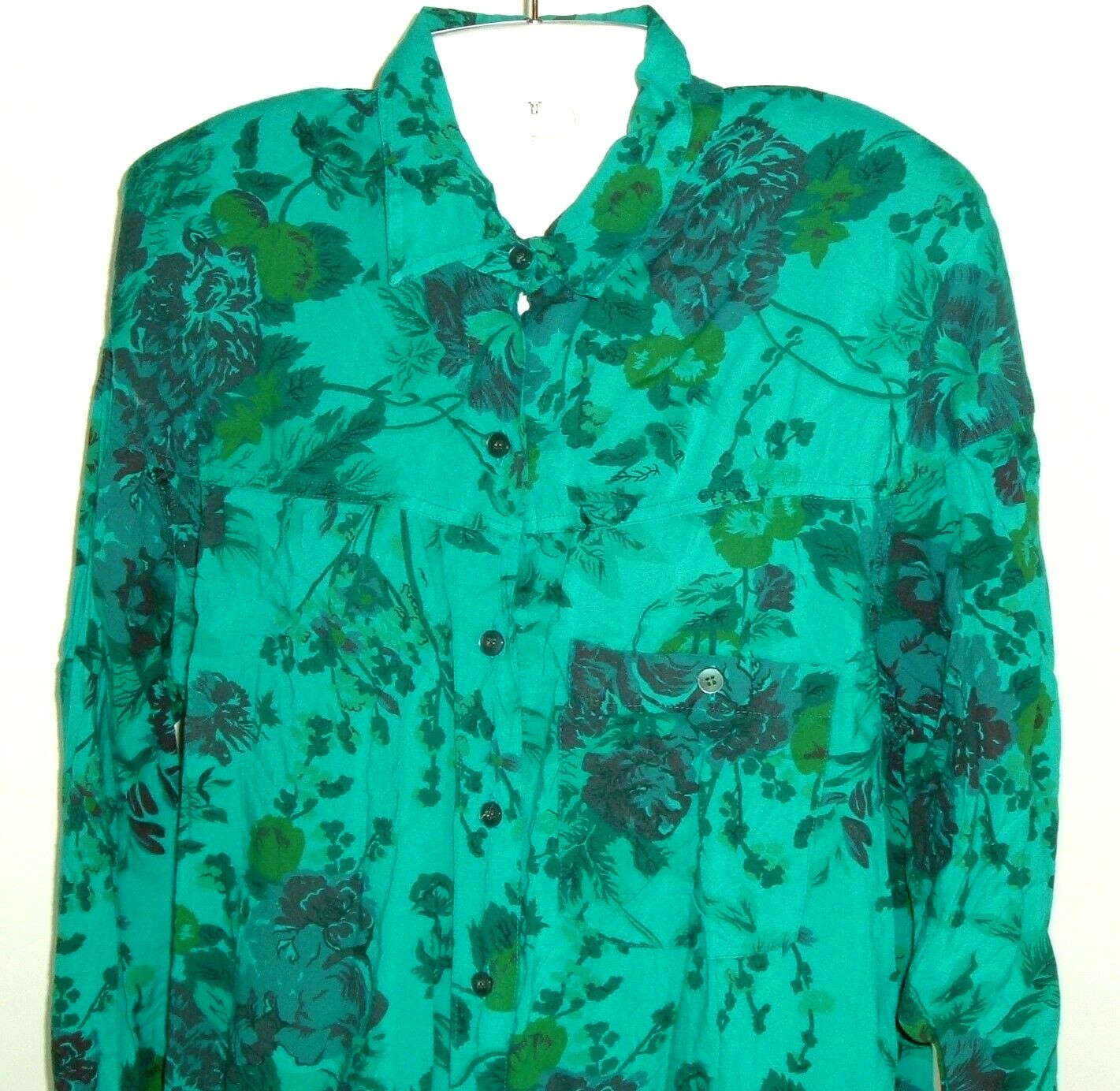 Vtg Top 80s 90s Croquet Club Floral Teal Padded Shoulder cottagecore boho M/L