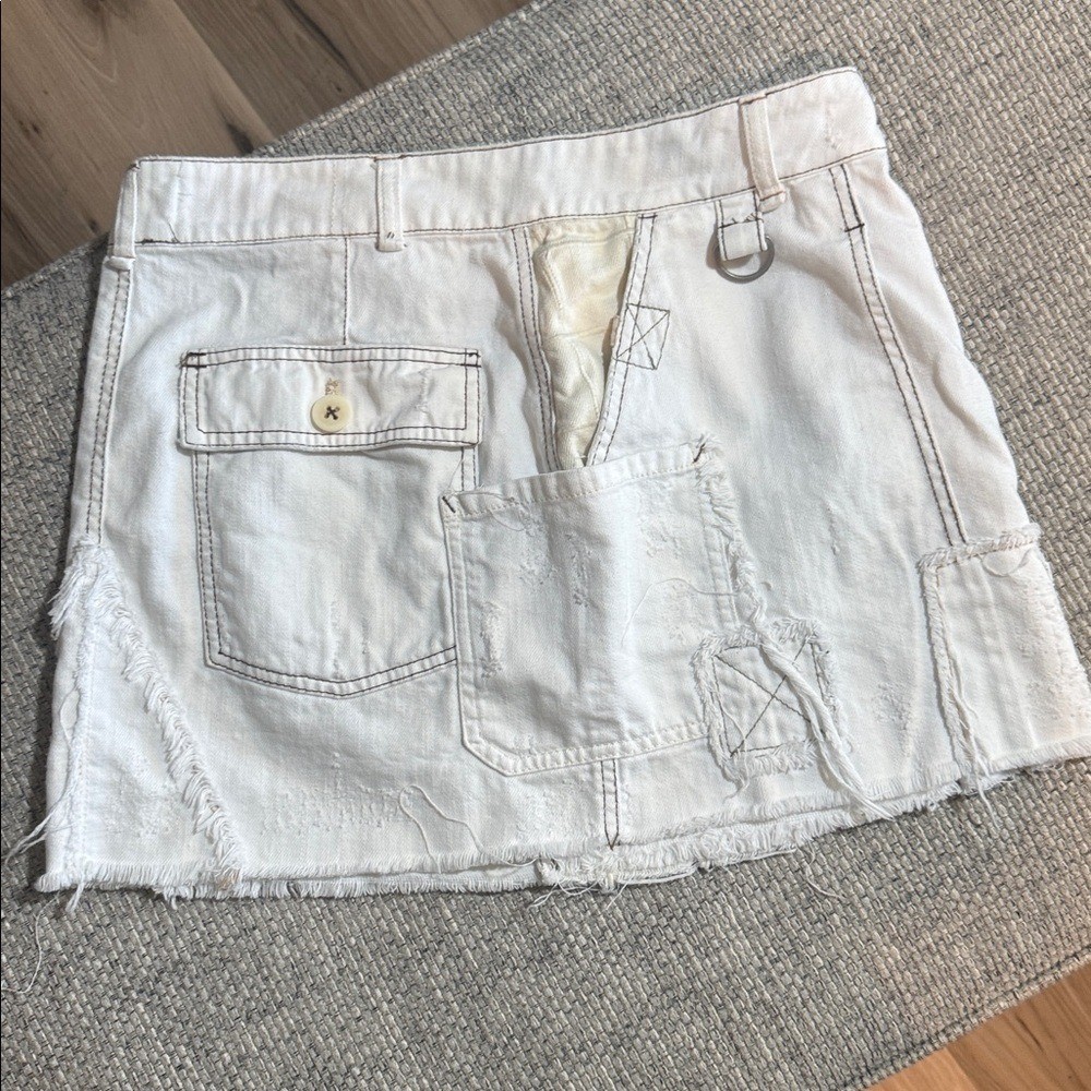 Free People We The Free Mini Skirt Distressed Patchwork Pockets Ivory sz30