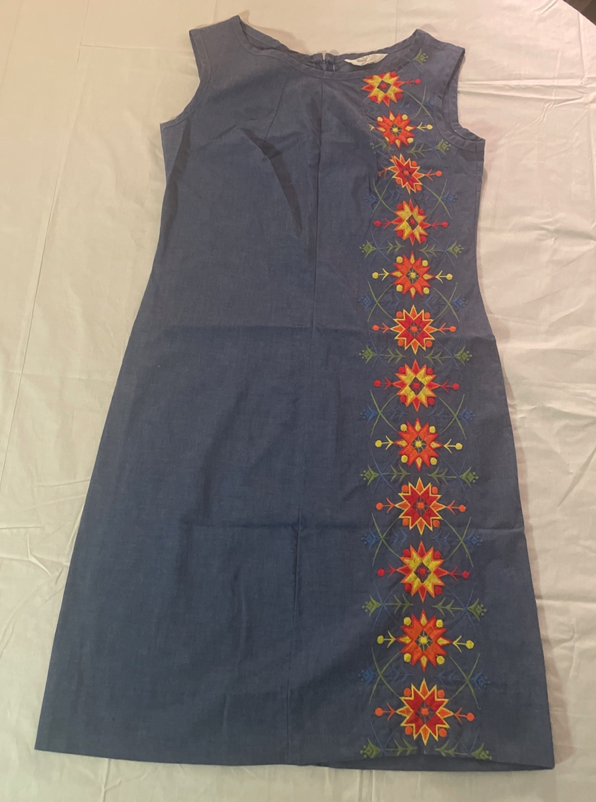 Vintage 60s 70s Katz Shift Dress Chambray Nordic Sunburst Embroidery 34 EUC