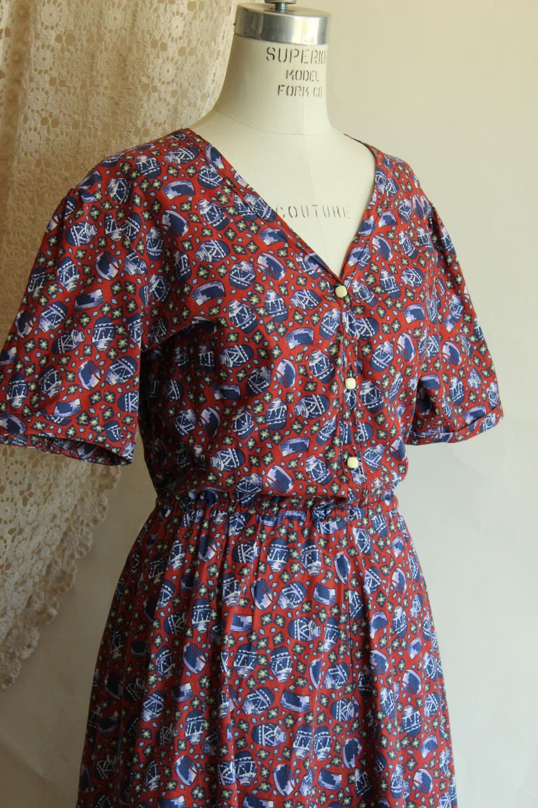 Vintage 1980’s Shirtwaist Dress, Volup 1950s Style Ginger Jar Novelty Print Midi