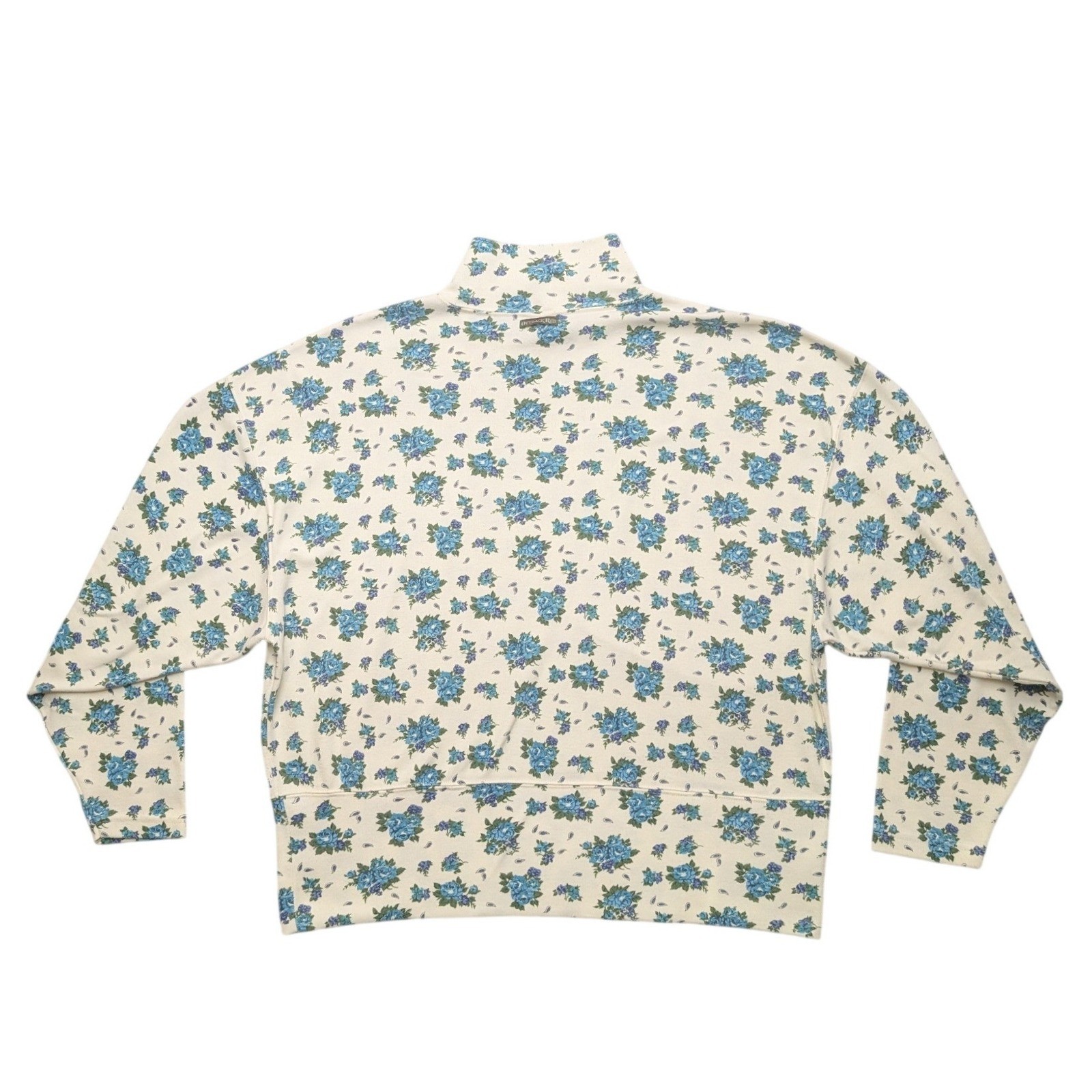 Vintage 90s Outback Red Floral Mock Neck Top Womens L Cream Blue Long Sleeve