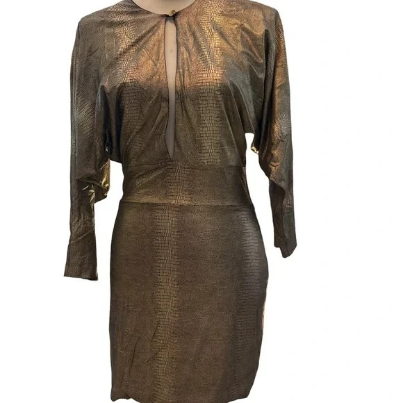 Vintage 90s BEBE Gold METALLIC Mini Dress Small S Batwing Cocktail Party Disco