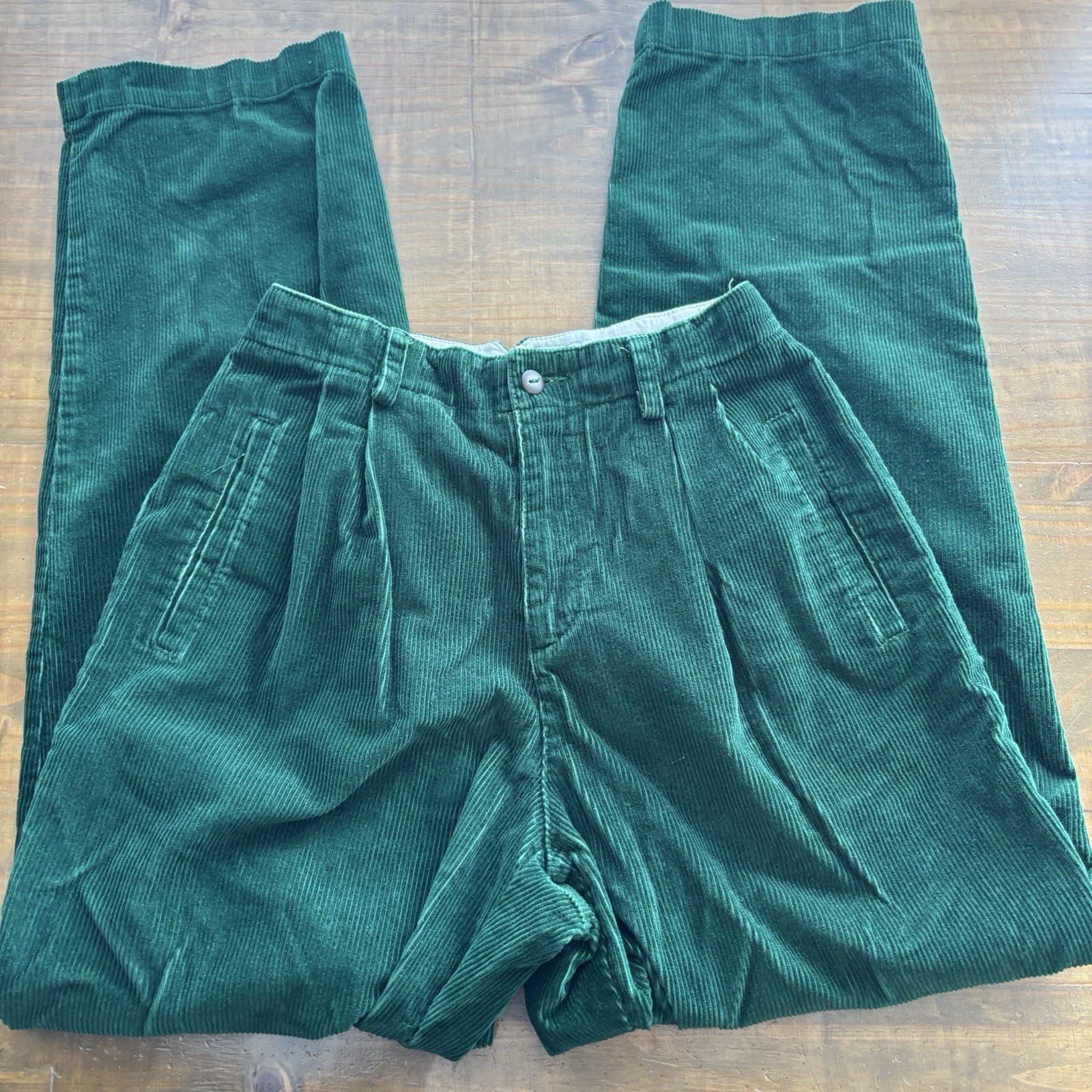 VTG 80s 90s Lizsport Green Corduroy Pants-Pleated High Rise Tapered Mom-Size 6