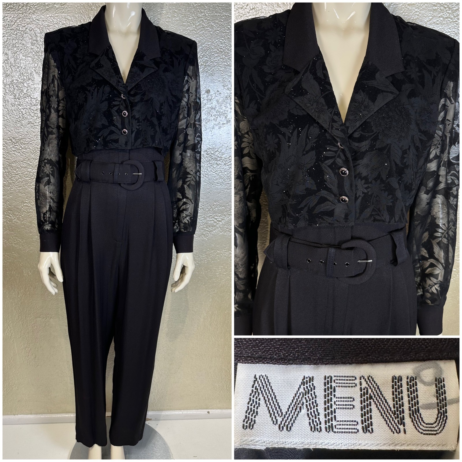 Vintage 1990s Ladies MENU Black Jumpsuit Sheer Sparkle Belted Goth S/M