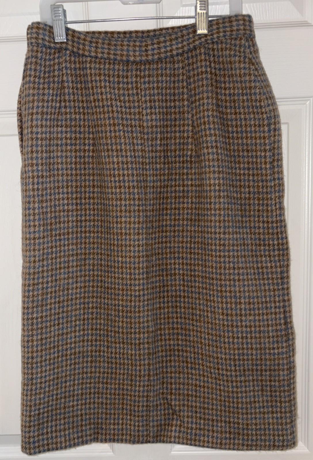 Vintage Handmade Wool Blend Tweed Skirt Blue Tan Houndstooth Lined 26 Waist