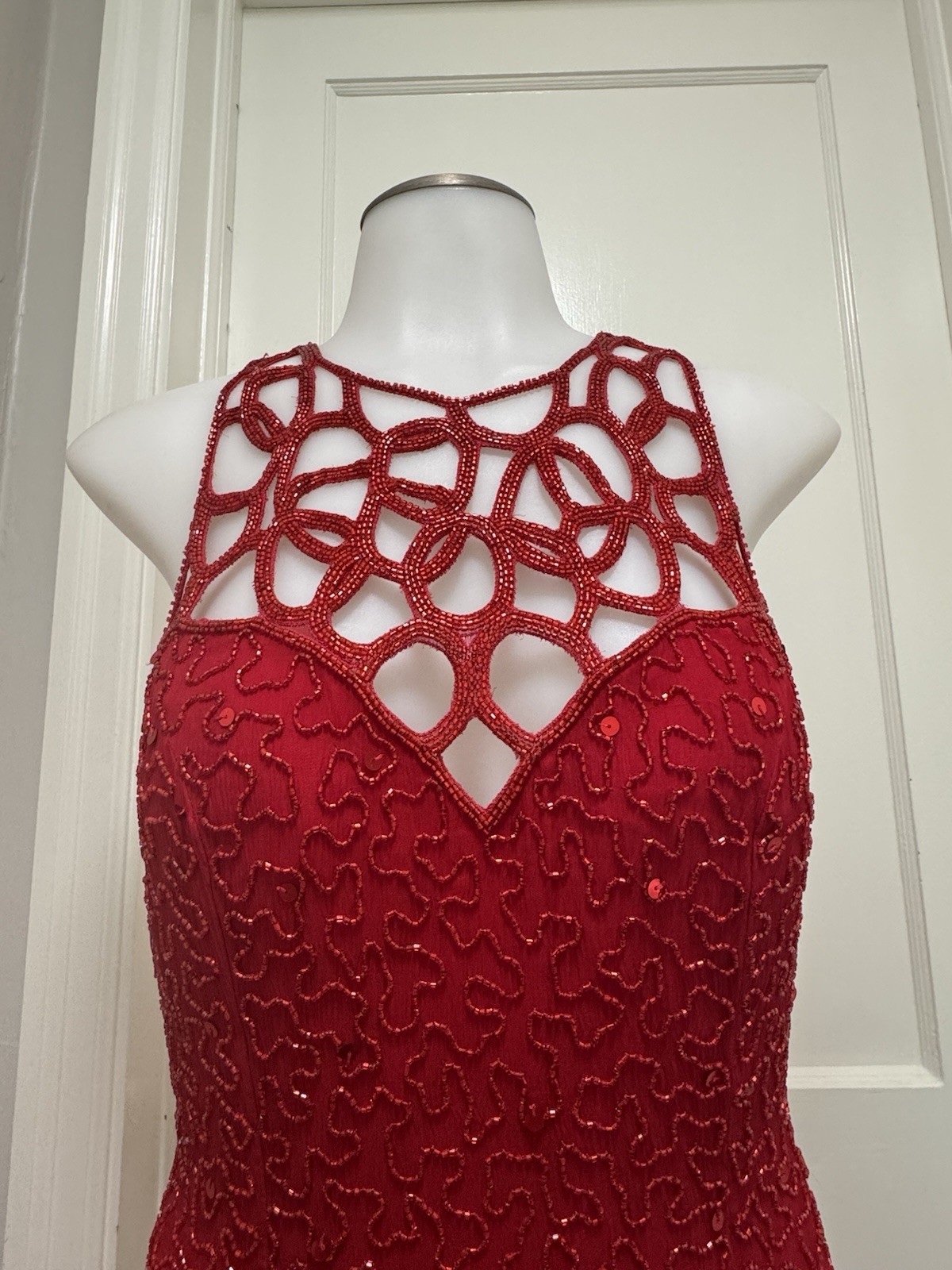 Sean Collection Vintage 90s Red Sequin Silk Gown Beaded Cage Back Formal L