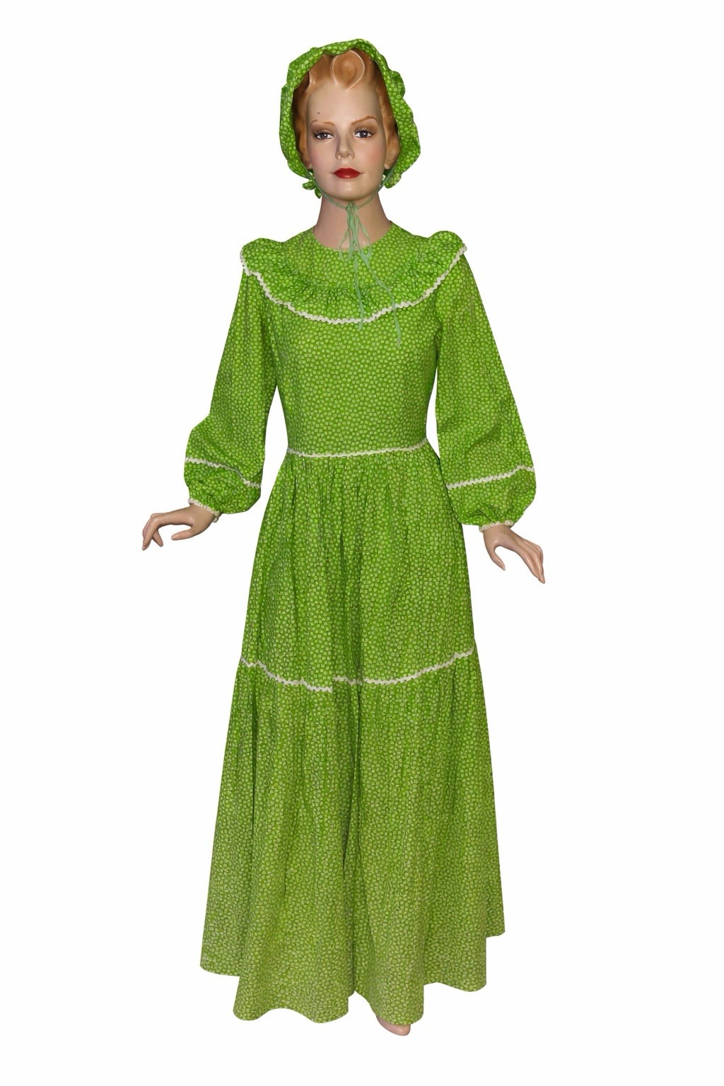 Vintage 70s Green Prarie Maxi Dress Calico Cotton Floral Cottagecore Bonnet L