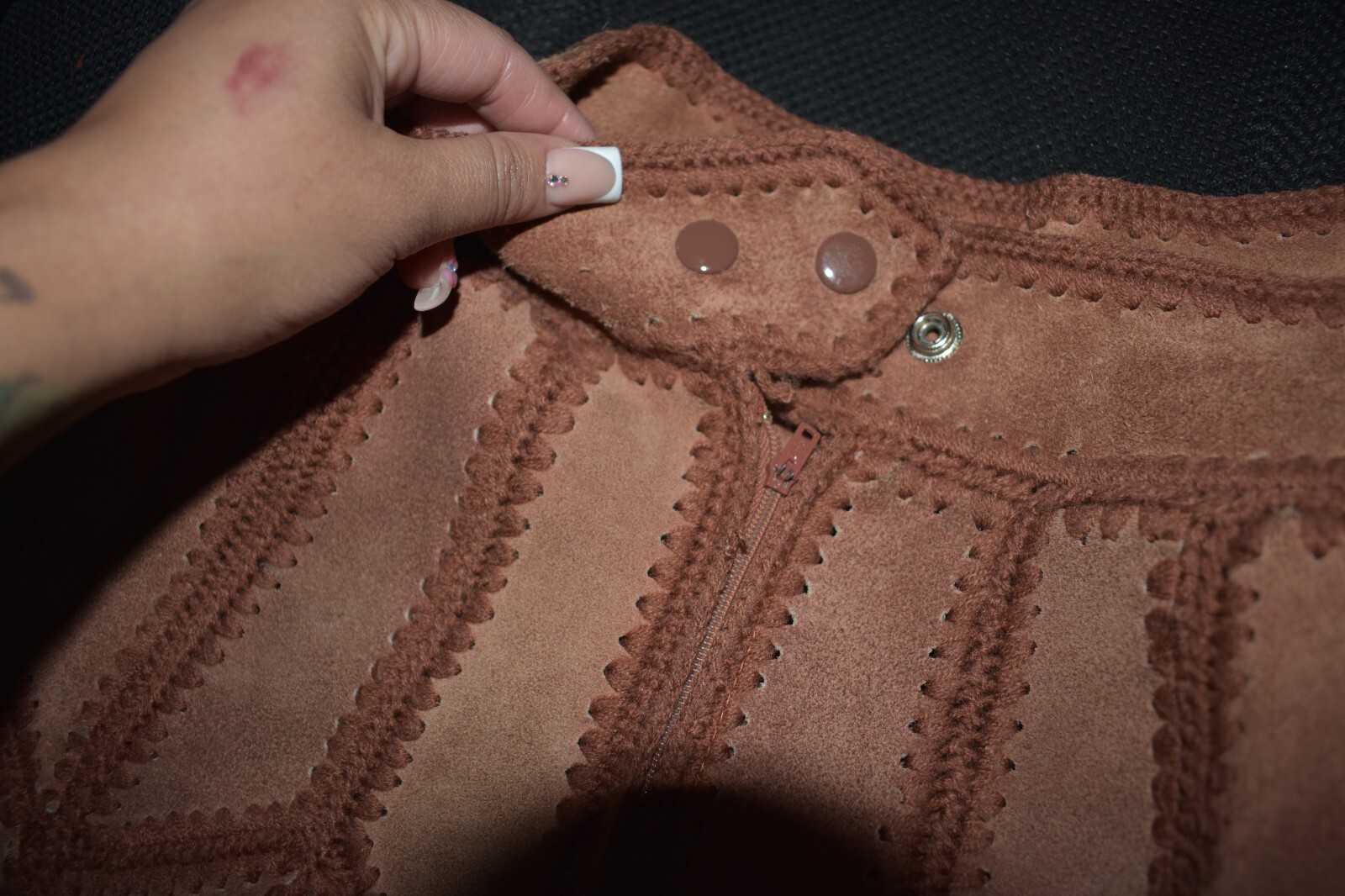 Vintage Modern Junior 1970’s Leather/Suede and Crochet Vest and skirt set Size