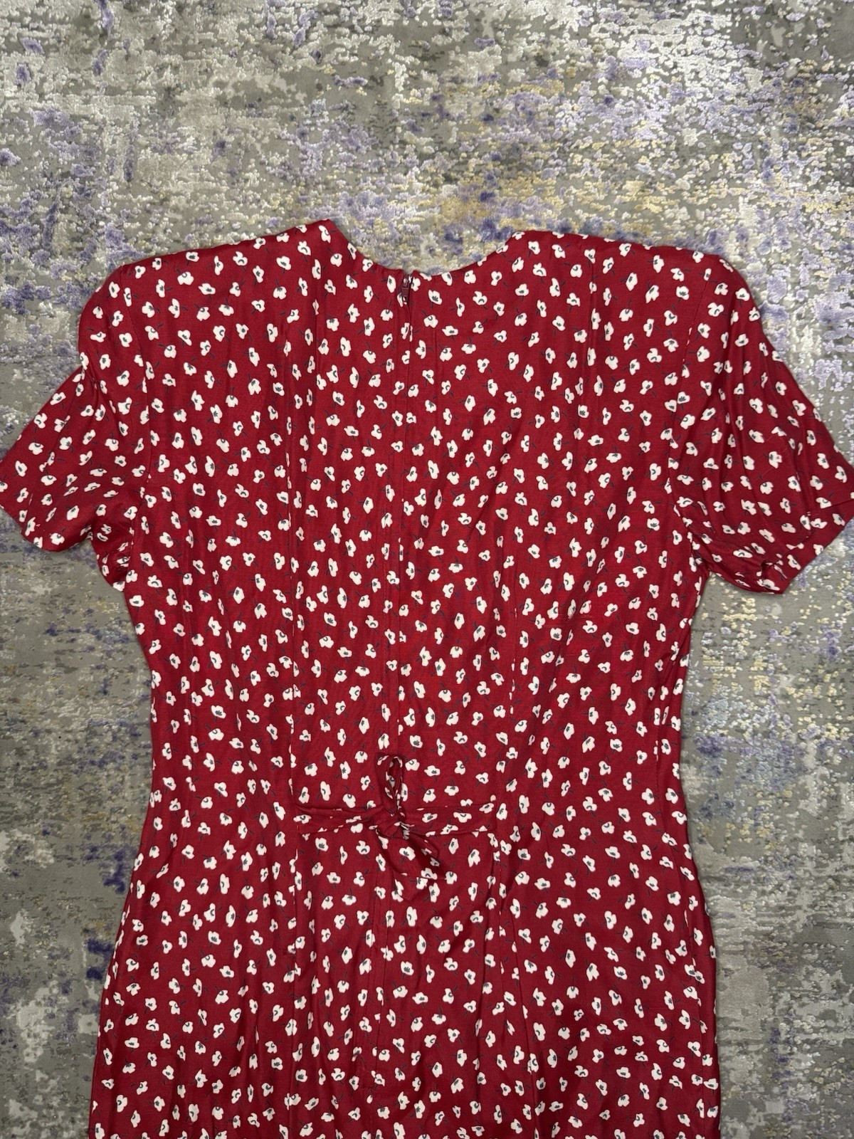 Vintage 80’s Dawn Joy Red Floral Print Dress With Slit And Tie Back Size 8