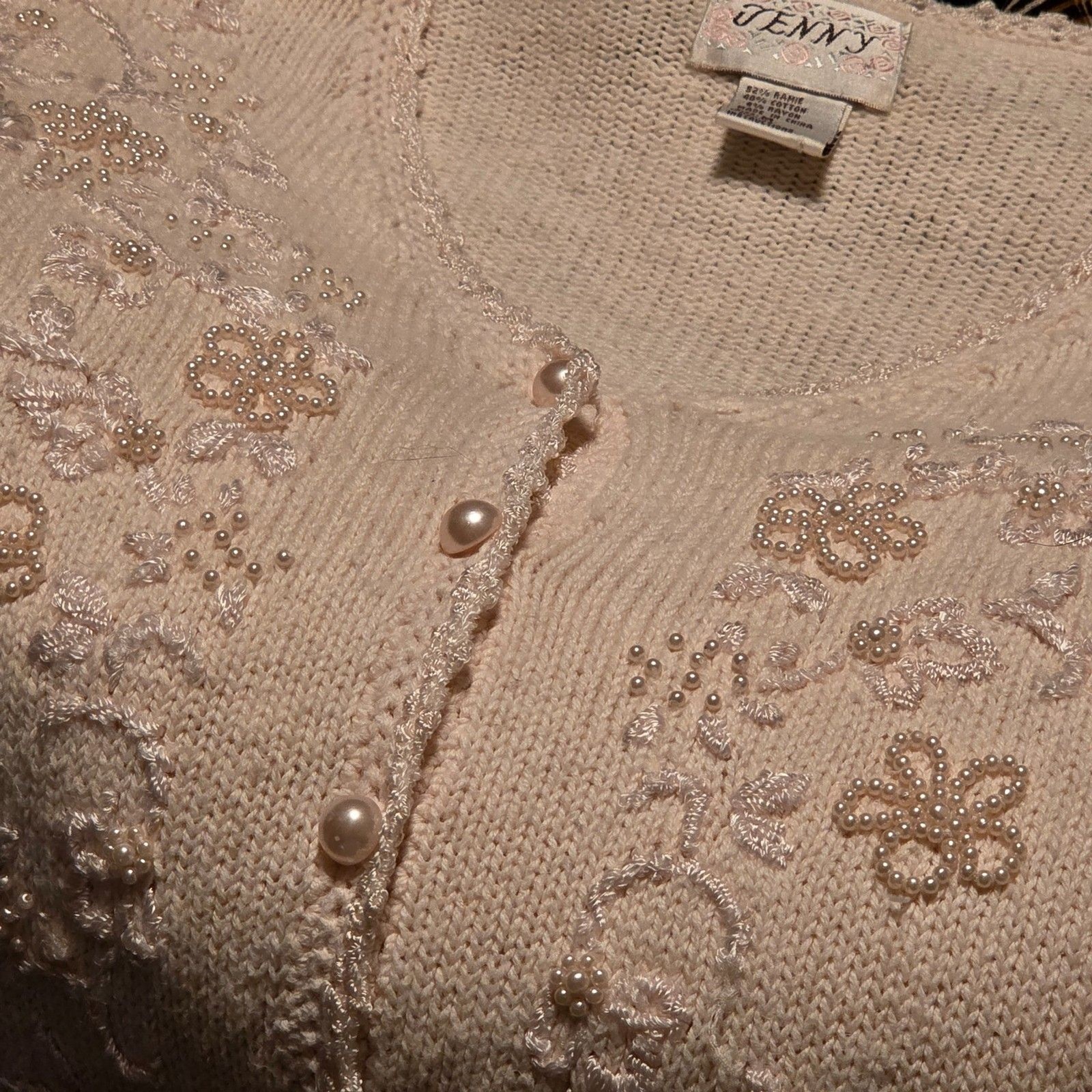 VTG Jenny Embroidered Cardigan Sweater Pink Beaded Granny Cottagecore Sz Medium