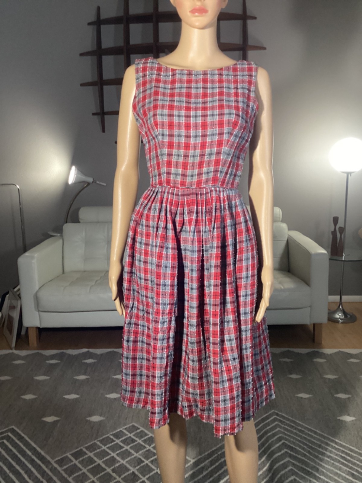 Vintage 1950s Plaid Nubby Sleeveless Day Dress Red Gray Rockabilly