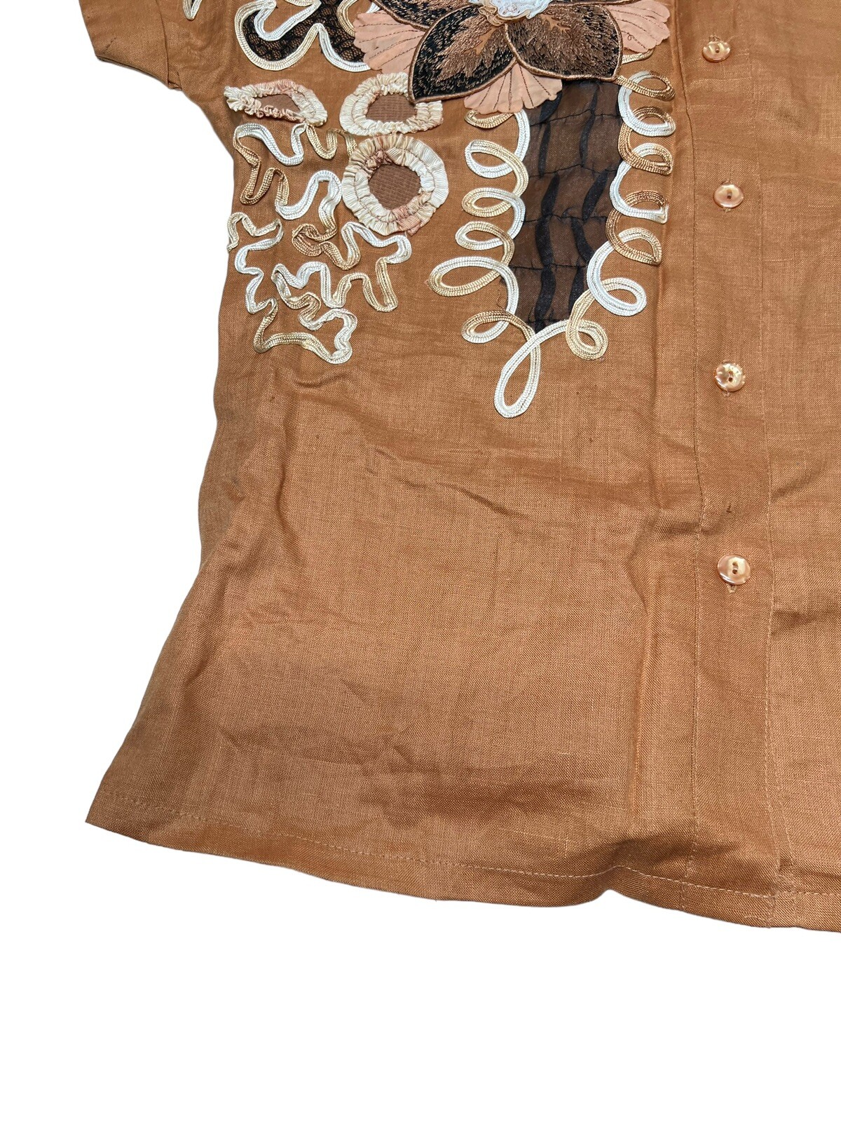 Vtg NOS Anne French Artsy Art to Wear Embellished 100% Ramie Blouse SZ 8 Brown