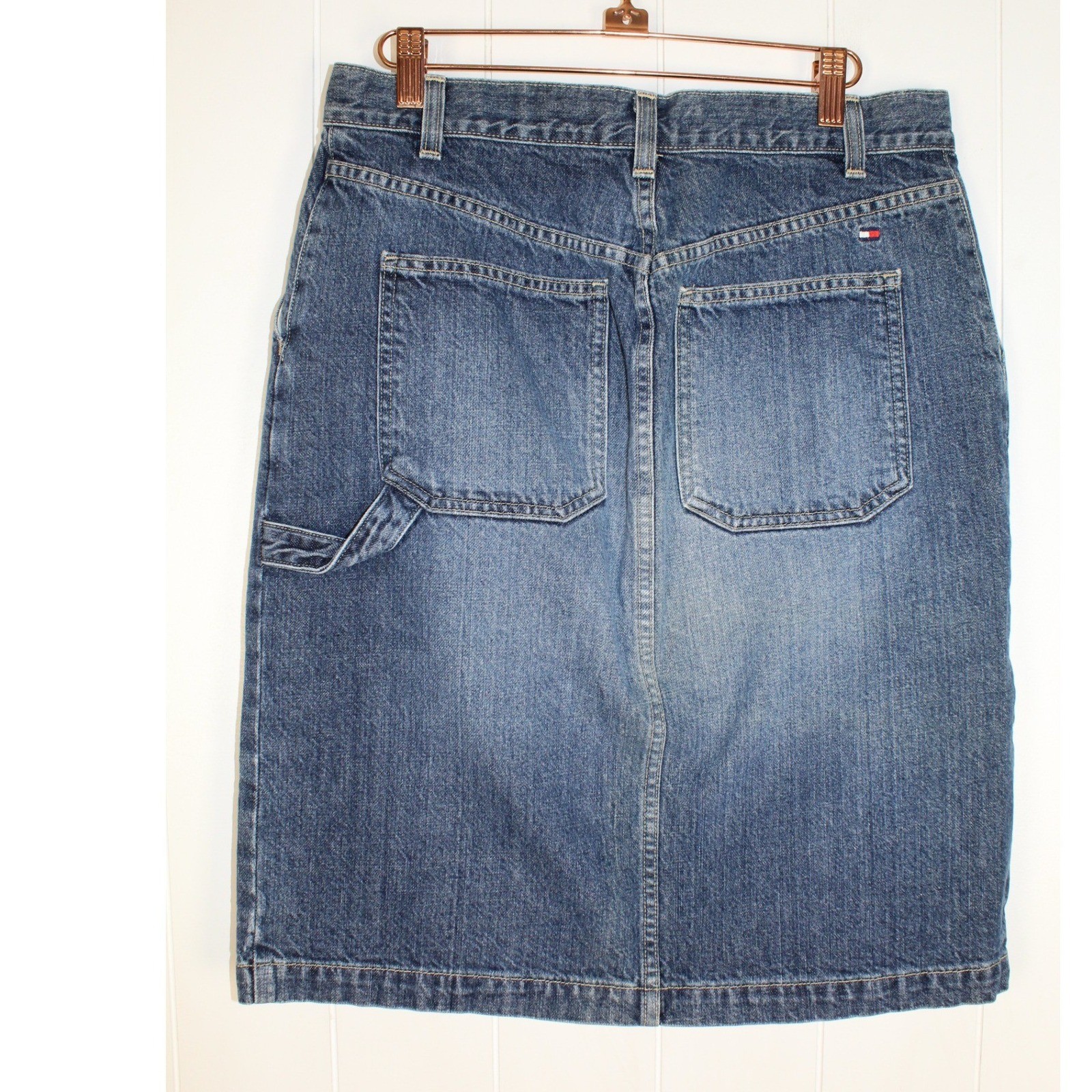 Tommy Hilfiger Jeans VTG Cotton Knee Length Denim Carpenter Style Skirt SZ 8
