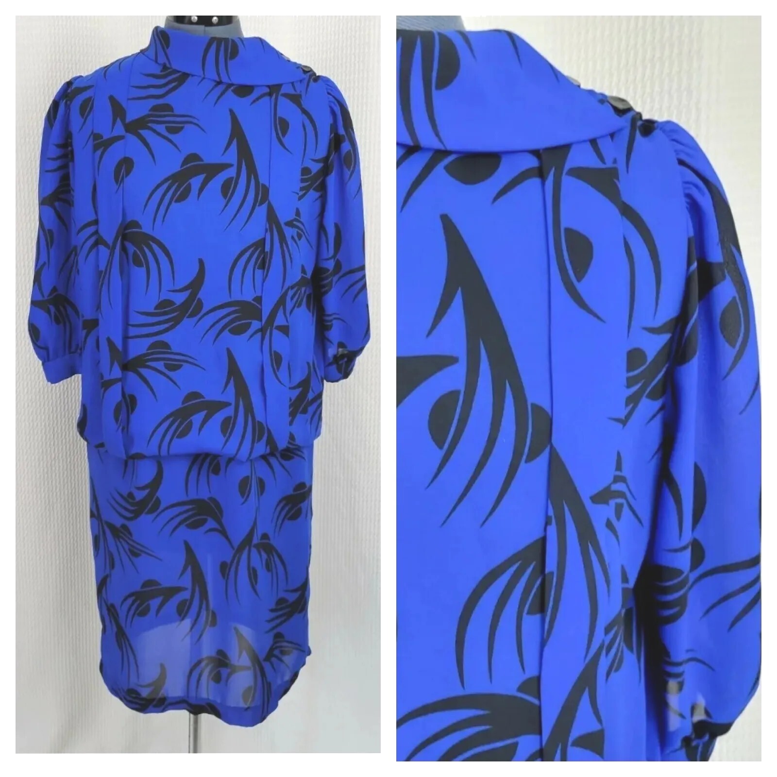 Vintage Perceptions Blue Dropped Waist Dress with Black Abstract Pattern Sz 10