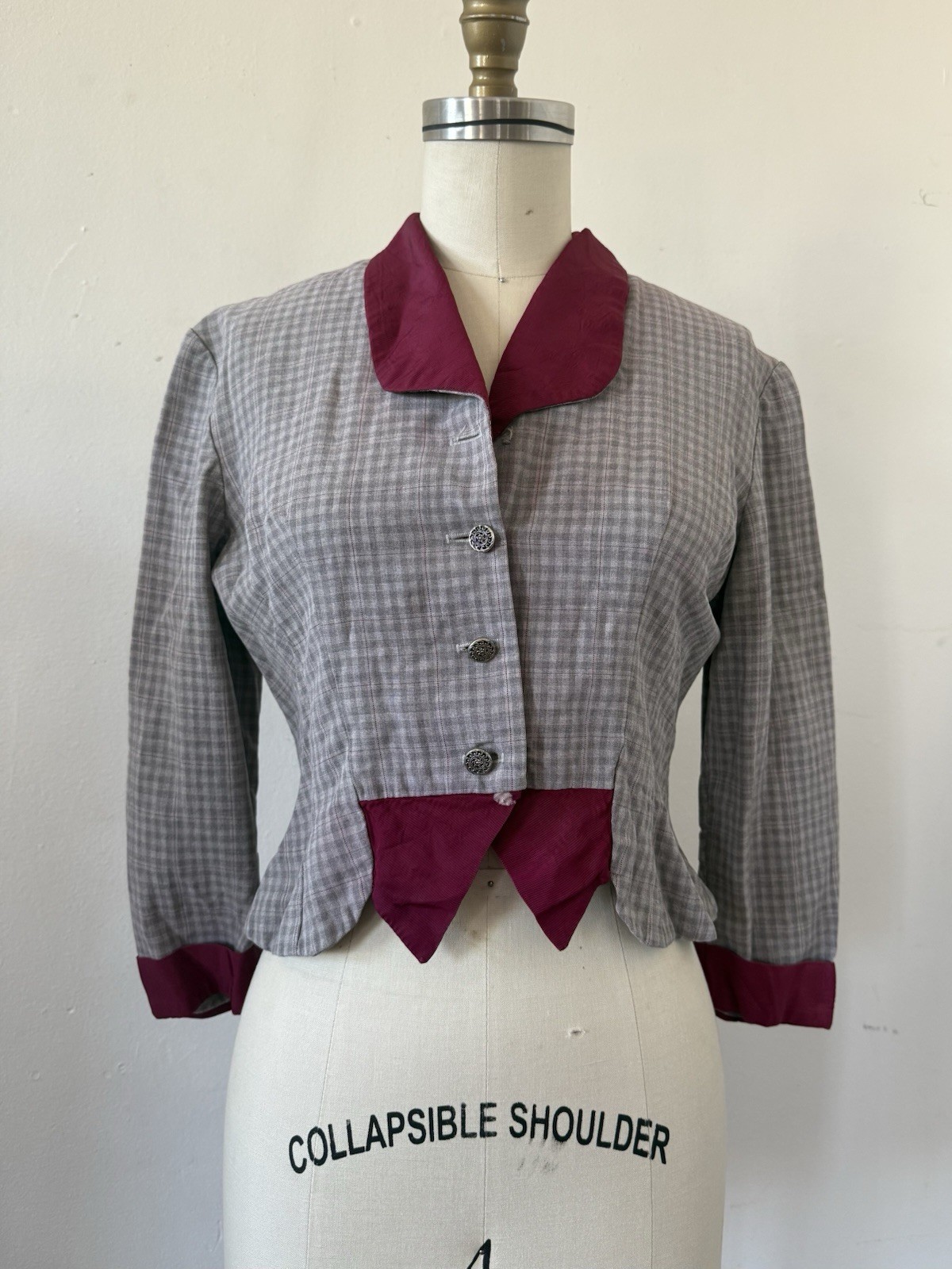 1940s Plaid Rayon Structured Peplum Jacket/Bodice Top W/ Contrast Faille Trim S