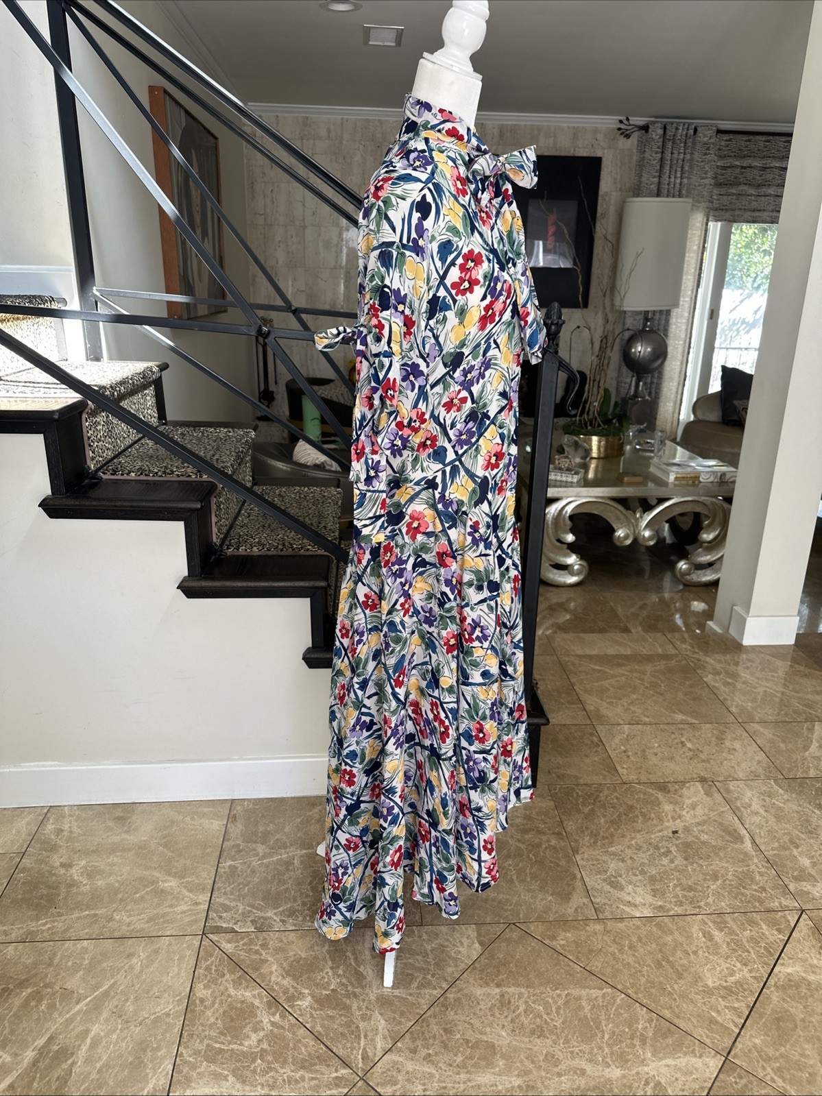 Norma Kamali 80s Floral Print Rayon High Low Long Dress Pussy Bow Keyhole Neck S