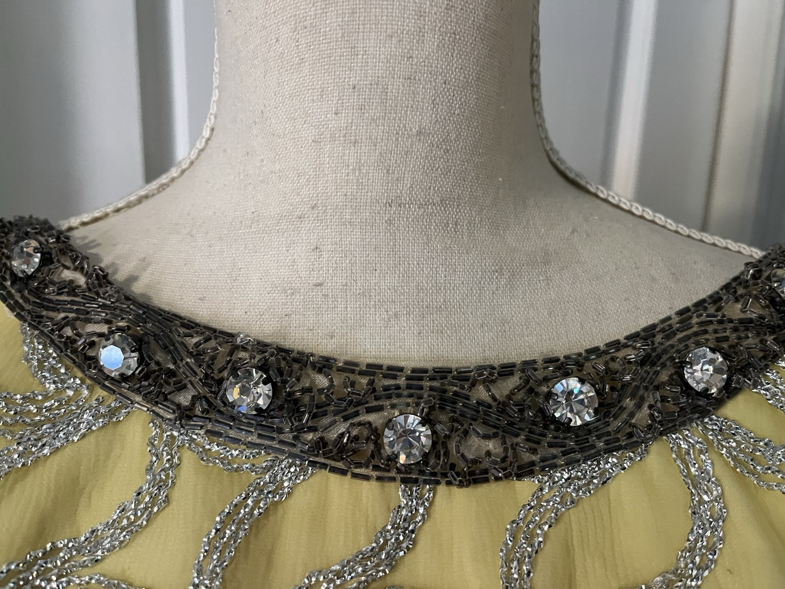 Erlebacher Beaded Long Gown Dress Sleeveless Yellow & Silver Shimmery VTG Large?