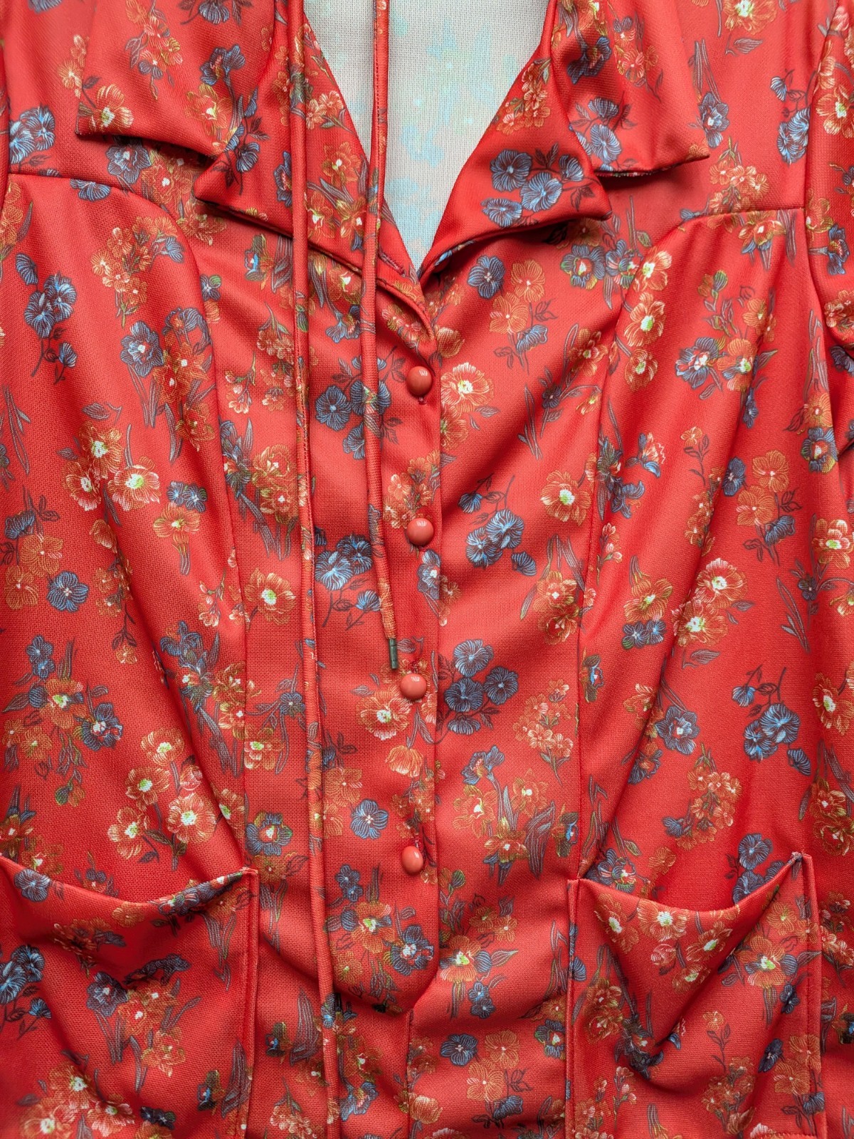 Vintage Floral Polyester Dress House Coat Dress Red Granny Core Grandma Lounge