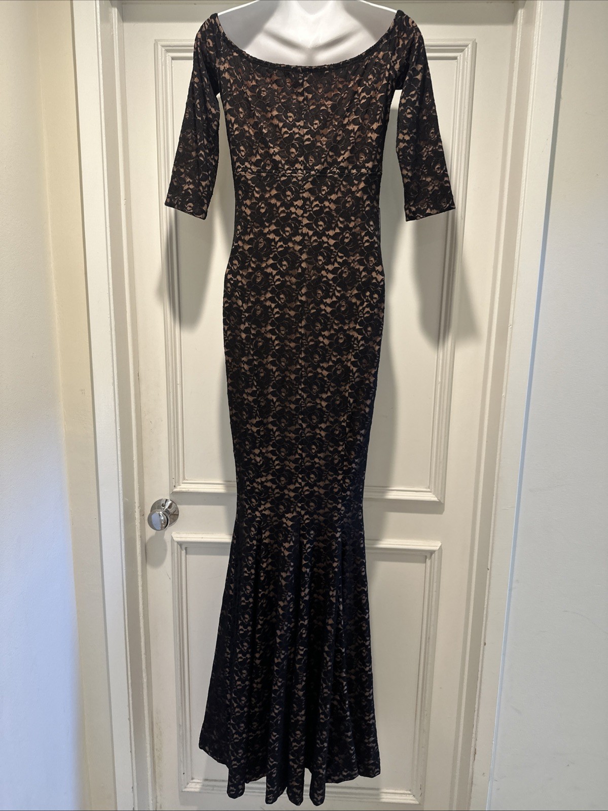 Omo Norma Kamali 90s Black Lace & Nude Shoulder Baring Empire Mermaid Maxi L