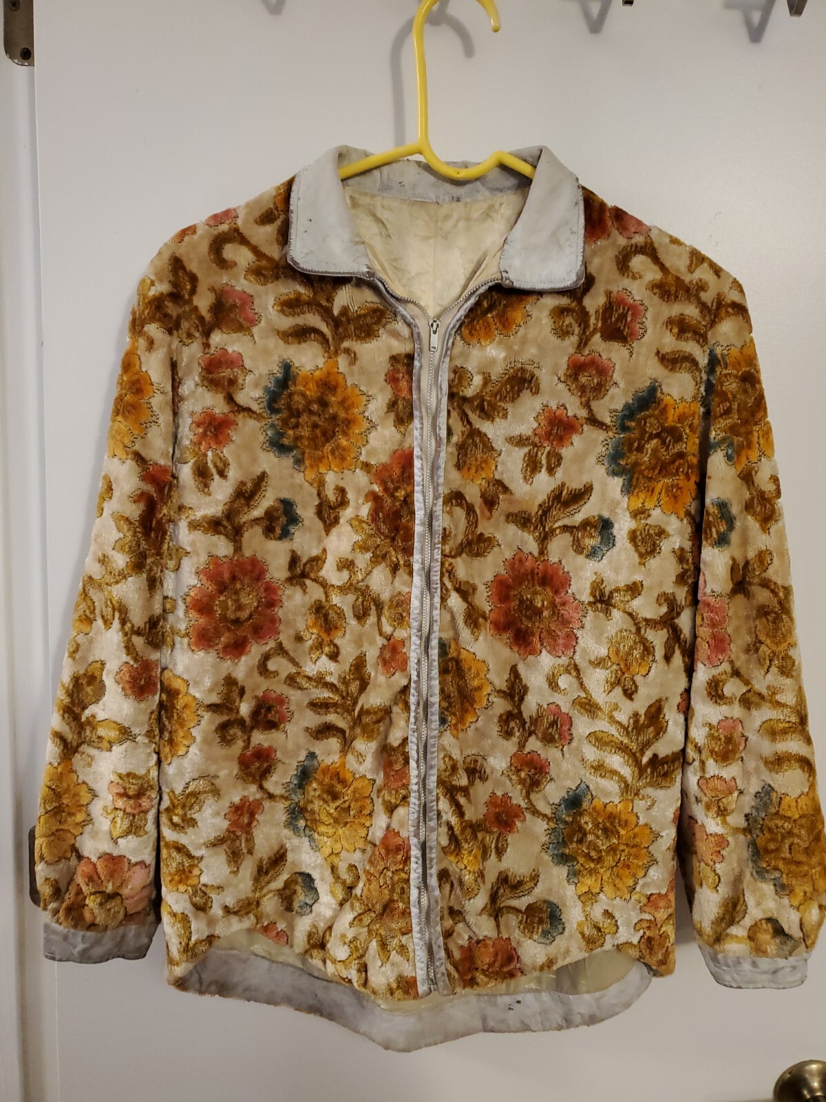 Vtg 1960s Samuel Robert Jacket TAPESTRY & LEATHER Floral Satin Lined Zipper READ