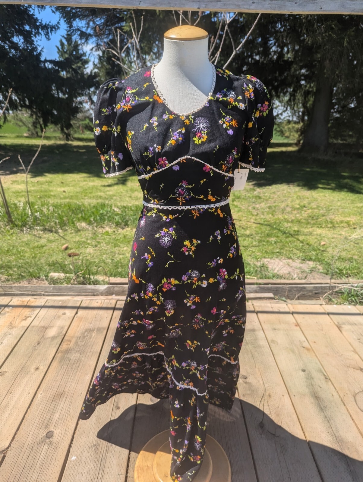 Floral pink, blue, yellow green orange black background Vintage 70’s Maxi dress