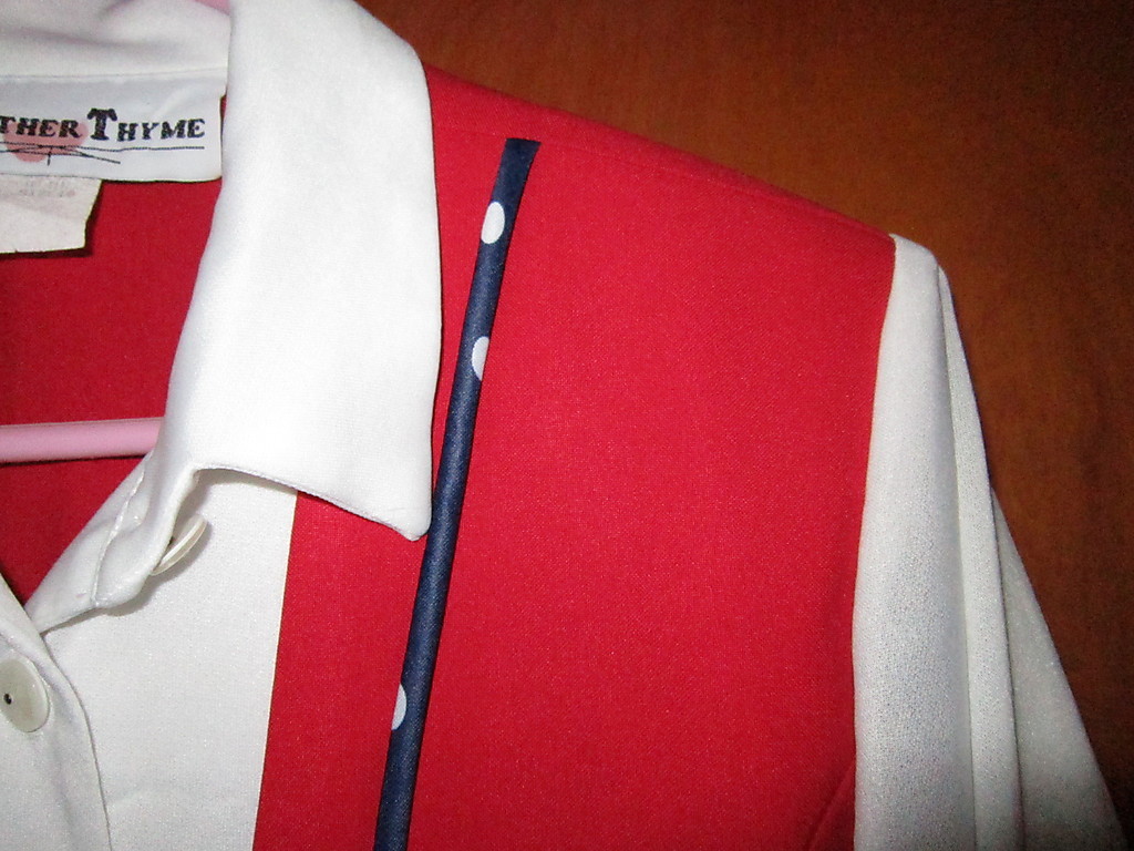 1970s VINTAGE Red vested & Navy blue polka dotted dress w/ white blouse size 10