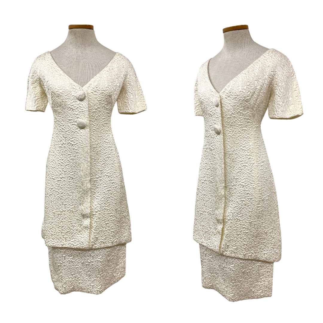 Vintage 1970s Werlé Beverly Hills Bridal Brocade Ivory 2pc Set Mini & Midi Dress